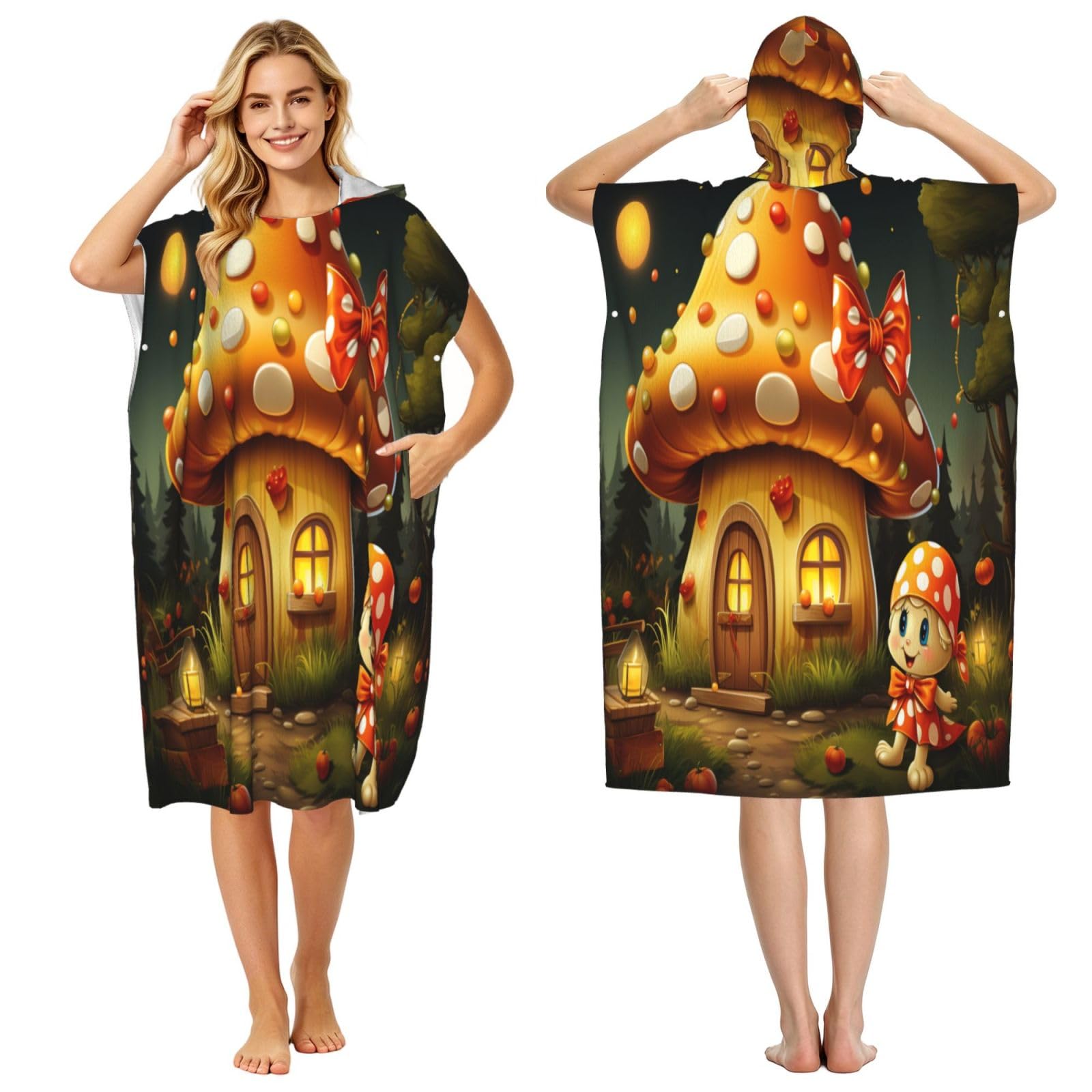 DTHKJNLSF Mushroom House Adult Hooded Beach Poncho Towel