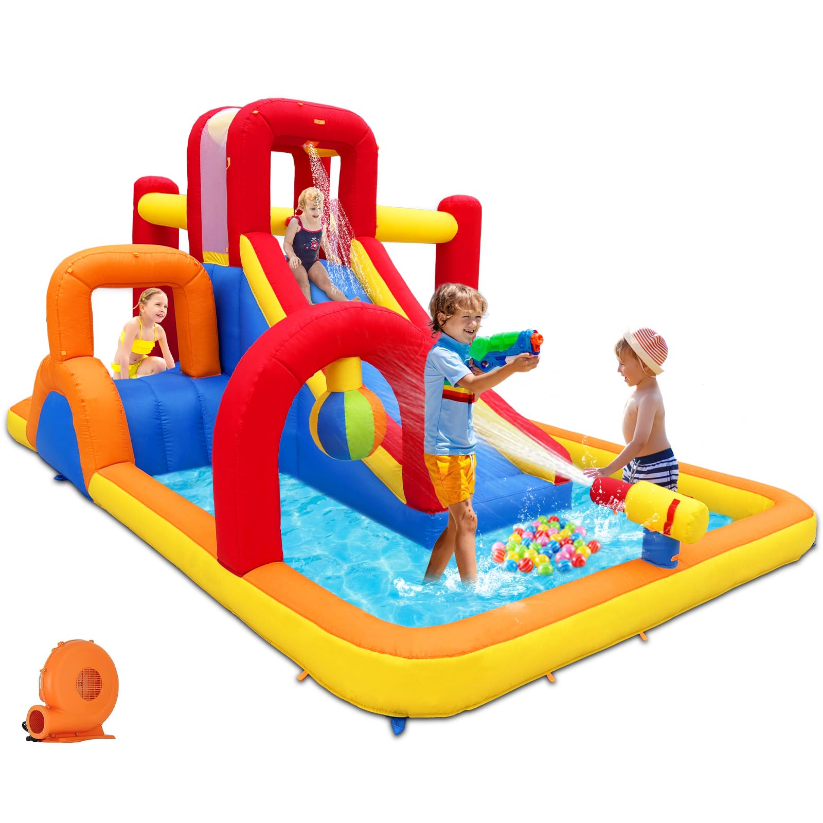 Inflatable Water Slide Bounce House Obstacle Course with Large Splash Pool, Climbing Wall, Boxing Ball, Small Climb&Slide – Backyard & Indoor Bouncy Castle for Kids 3-10