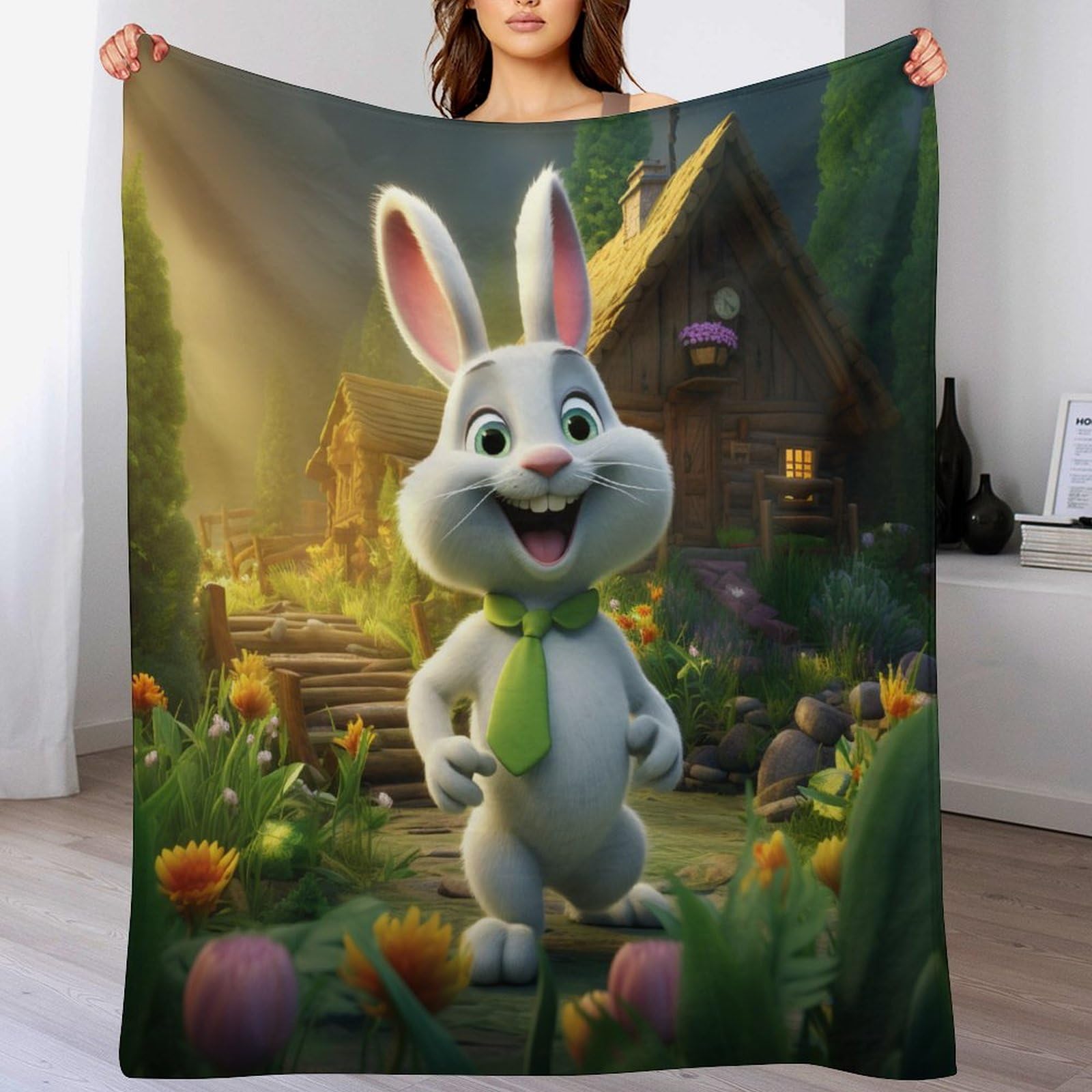 Manta de conejo 3D en franela suave y cálida para todo el año de 180x200 cm