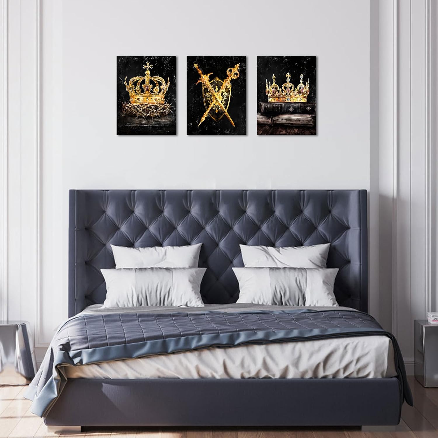 Artmyharbor King Queen Wall Art Set of 3 Pieces Black and Gold Crown Framed Canvas Painting Bedroom Decor 12"x16" - Image 4