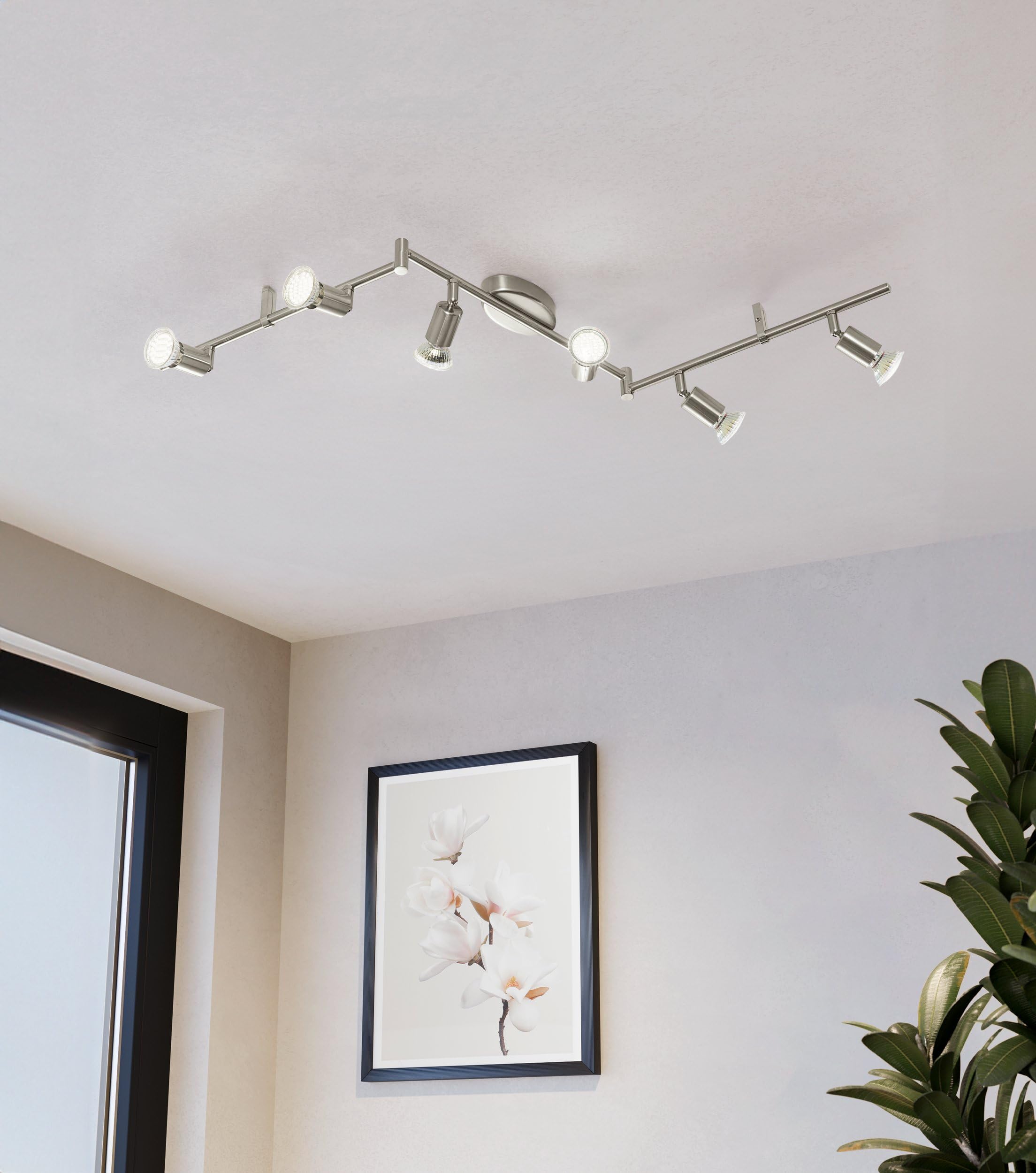 Eglo Lámpara de techo LED Buzz-LED, lámpara de techo con 6 focos, proyector de techo de metal en níquel mate, lámpara para salón, cocina, focos con bombillas GU10, luz cálida, L 105 cm
