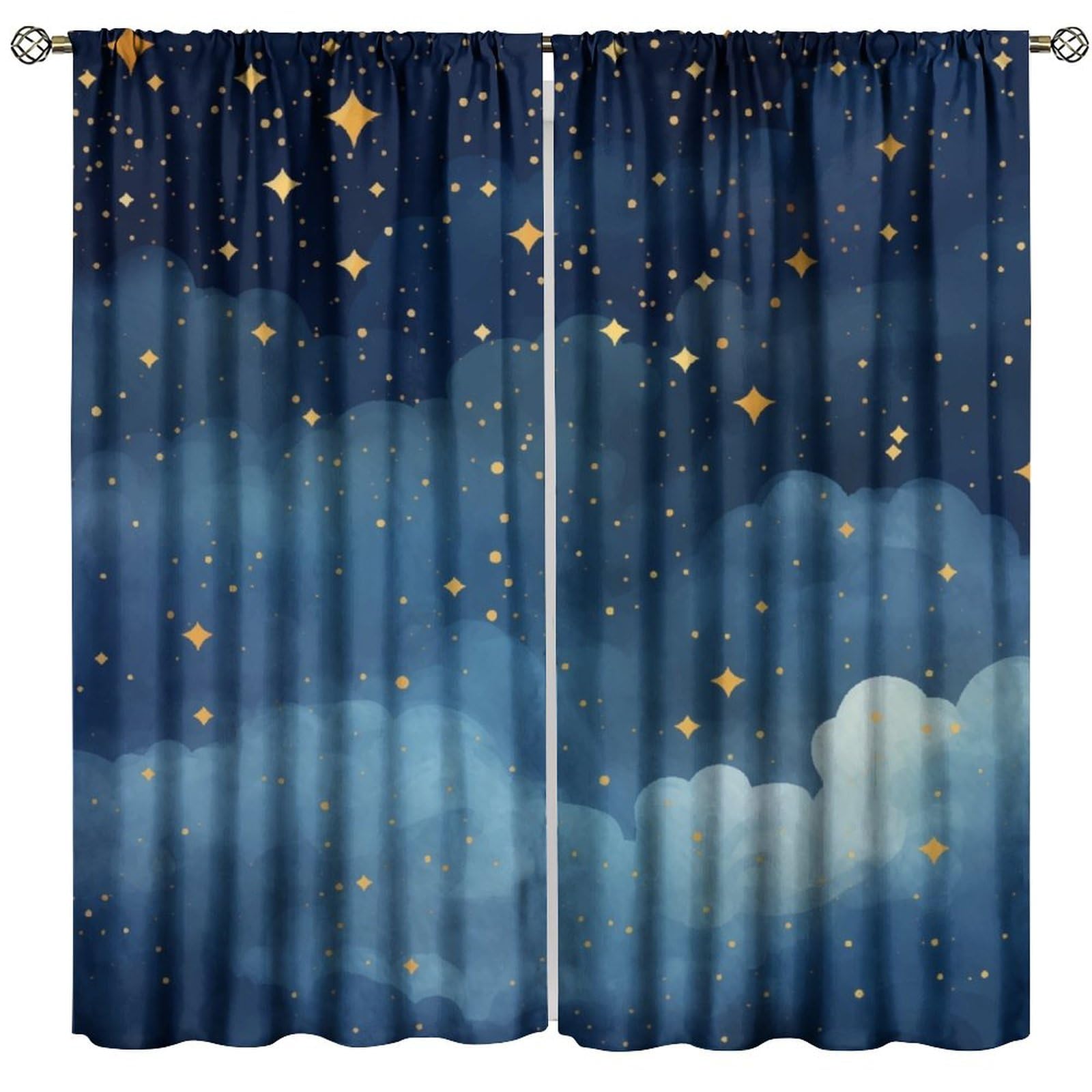 Stars Clouds Curtains, Watercolor Gold Shining Constellations Night Sky Pattern for Room Window Decor, Rod Pocket Print Blackout Drapes for Living