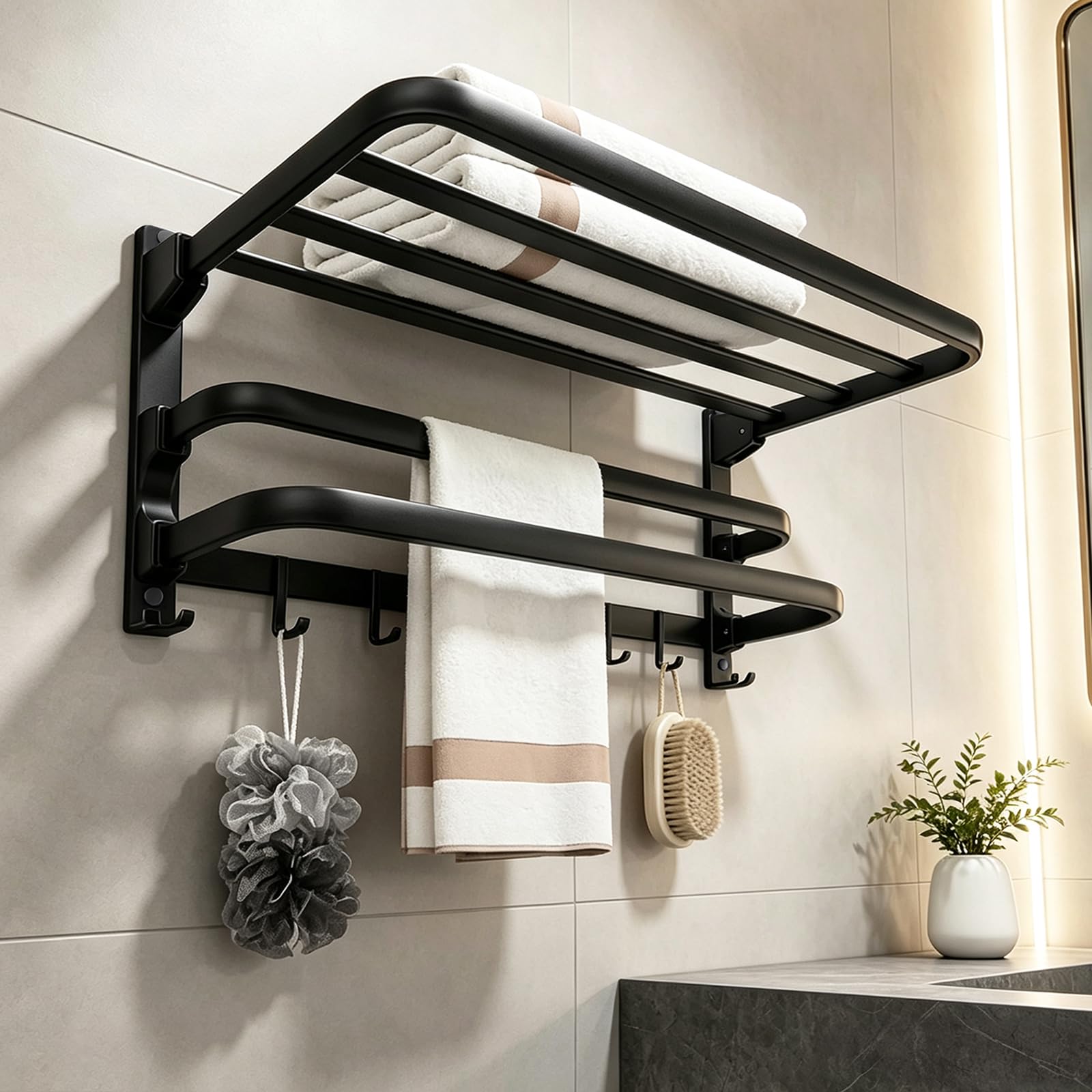 Jahof Wieszak na ręczniki, składany, 3-warstwowy, aluminiowy wieszak na ręczniki z haczykami, regał na ręczniki z wierceniem, do łazienki i kuchni (60 cm, czarny)