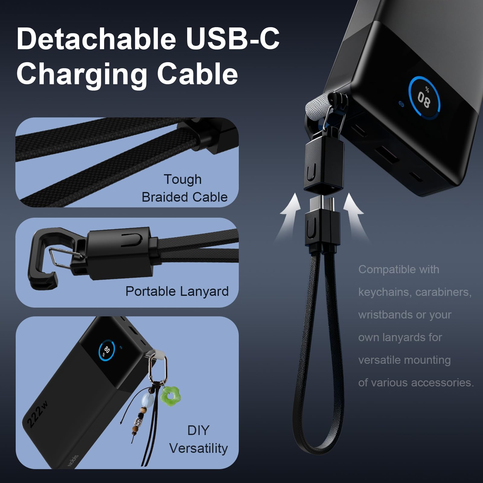 NOBIS 25000mAh 222W Laptop Power Bank con Cable USB-C y Cordón | Cargador Portátil con 3 Puertos Carga Rápida (100W Max), Pantalla TFT, Powerbank Esencial para Viajes compatible con Samsung