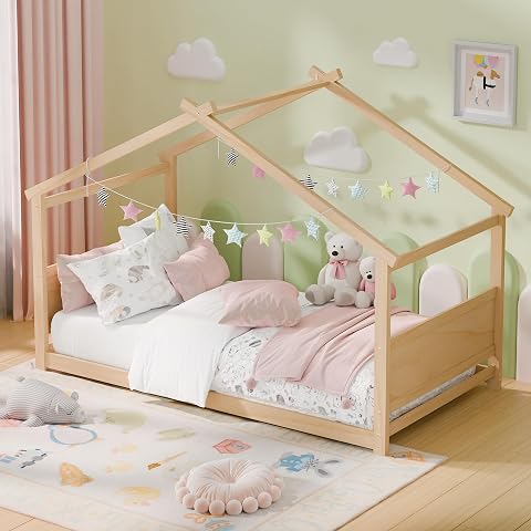Redpick Twin House Bed, Montessori Floor Bed with Headboard