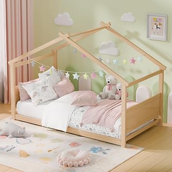 Twin House Bed, Montessori Floor Bed with Headboard & Footboard, Solid Wood Bed Frame for Toddlers Kids Bedroom, Natural