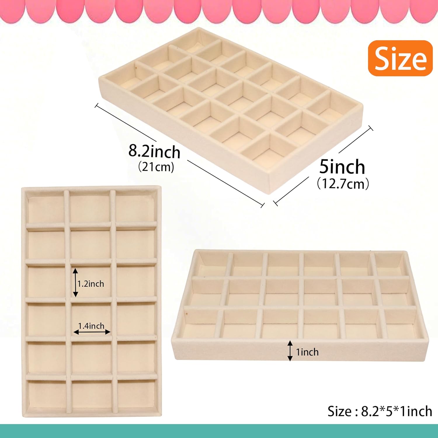 144 Grid Earring Organizer 8 Pack Jewelry Trays Stackable Velvet Jewelry Dresser Drawer Organizer Removable Display Tray for Necklace Earring Drawer Ring, Beige