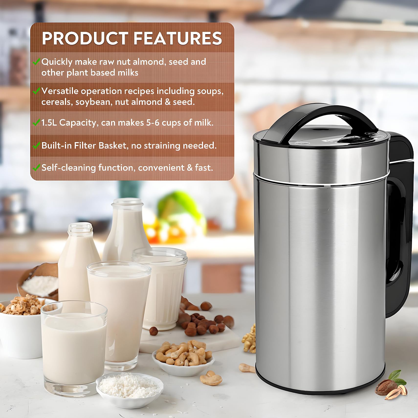 Nussmilch -Maker -Maschine 1,2 L, 1200 Ml Pflanzenhafermilchbauer Mit Siebset, Sojamilch Hersteller, Geeignet Für Sojabohnenmilch, Mandelmilch, Vegane Milch, Hafermilch, Pflanzenmilch, Brei