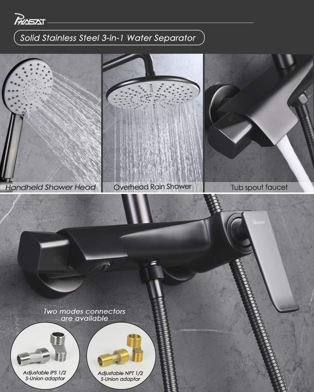 Blасk Frіdау - 70% оƒƒ Outdoor Shower Fixtures Stainless Steel Brass Bathroom Faucet Set with Rainfall Showerhead,Handheld Shower,Wall Mount Adjustable Shower Bar 3 Function Gray,CT8626,PHASAT