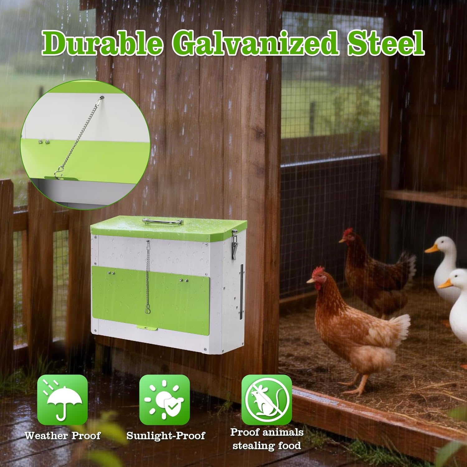 25lb Automatic Chicken Feeders Metal Poultry Feeders Wall Mount No Waste, with Secure Locking Lid, No Assembly Required, Lid Hanging Chicken Feeder Trough for Quail Chickens Ducks Feeder