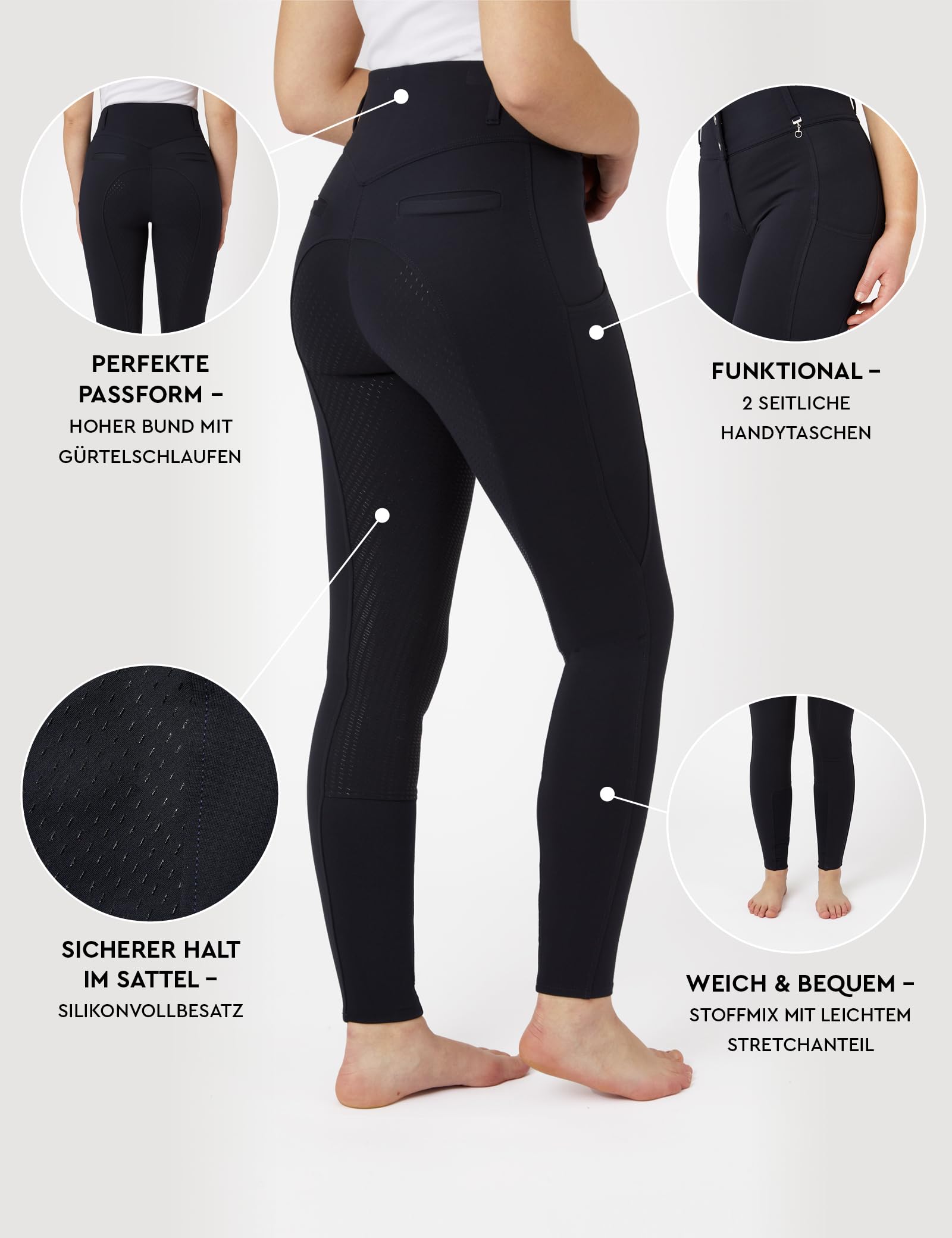 HORZE Reithose Damen Mira, Reitleggings mit Handytasche, Gürtelschlaufen und Vollbesatz, Schwarz, 40