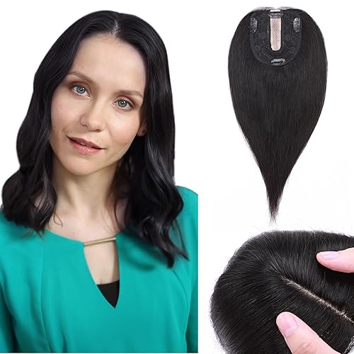 Toppers de cabello humano para mujeres con cabello delgado, densidad del 120 %, base de seda grande con clip, piezas de pelo corto sin explosión,