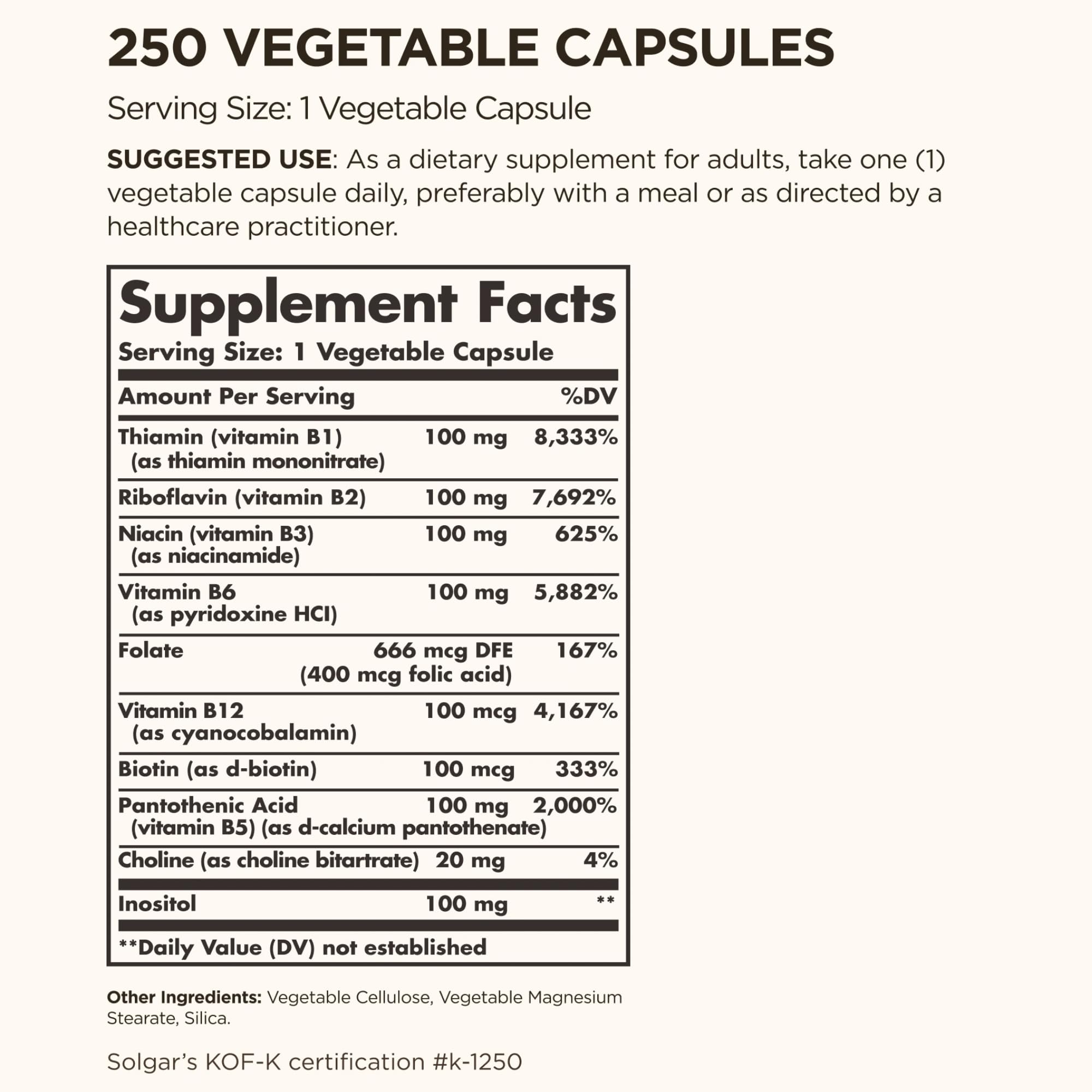 Solgar B-Complex 100", 250 Vegetable Capsules - Nervous System Support - Supports Energy Metabolism - Vegan, Gluten Free, Dairy Free, Kosher - 250 Servings — Amazon image 2