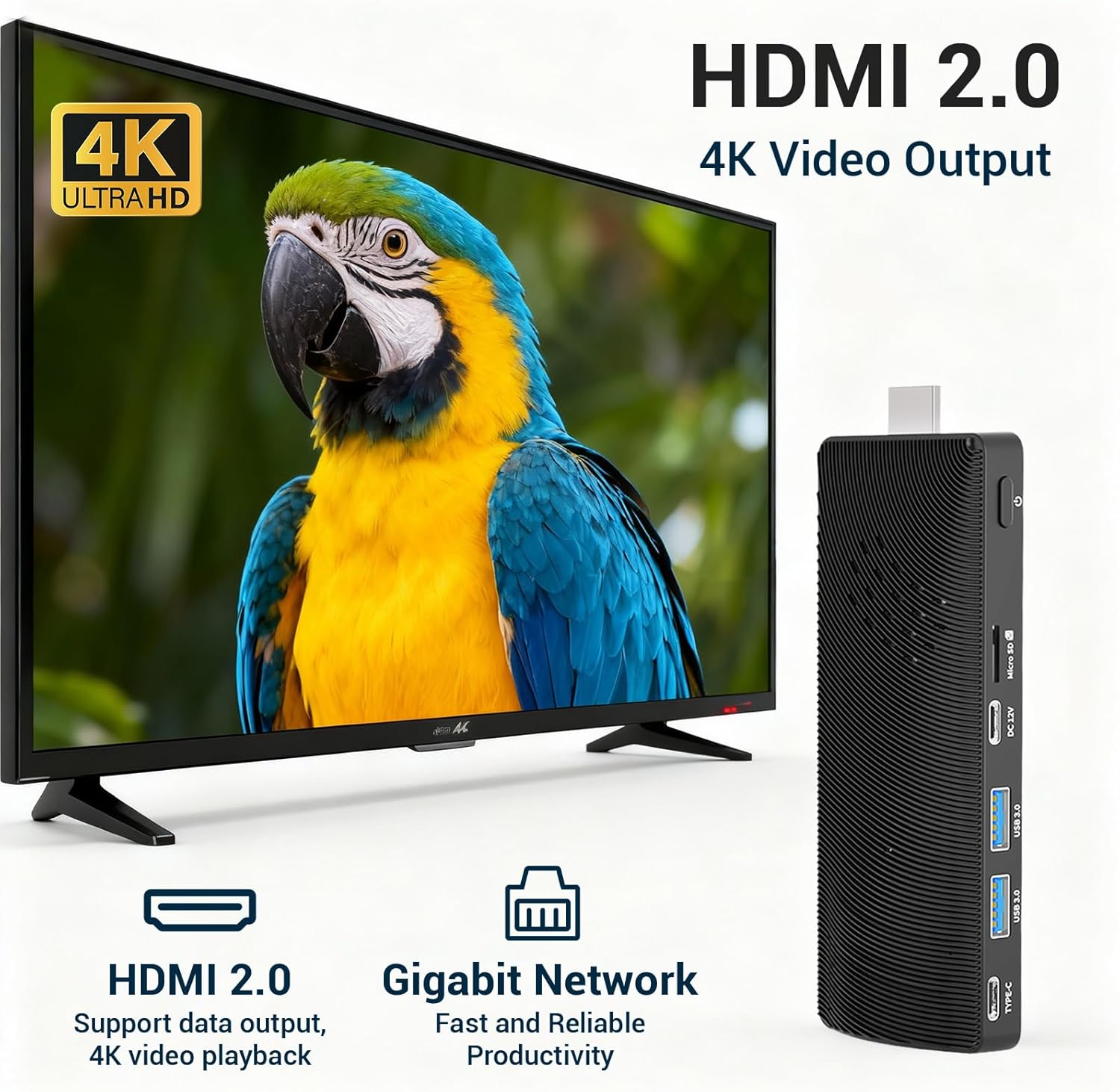 HIGOLE PC Mini PC Stick connected to a 4K Ultra HD television via HDMI 2.0, demonstrating 4K video output capability.