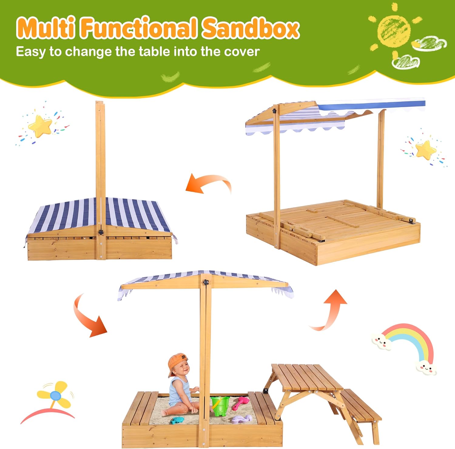 MAGIC UNION Kids Sandbox with Foldable Picnic Table, 3 in 1 Wooden Large Sandpits with Lid and Adjustable Cover Outdoor, Covered Kid Sandpits W/Bottom Liner for Backyard, Garden, Lawn, Poolside