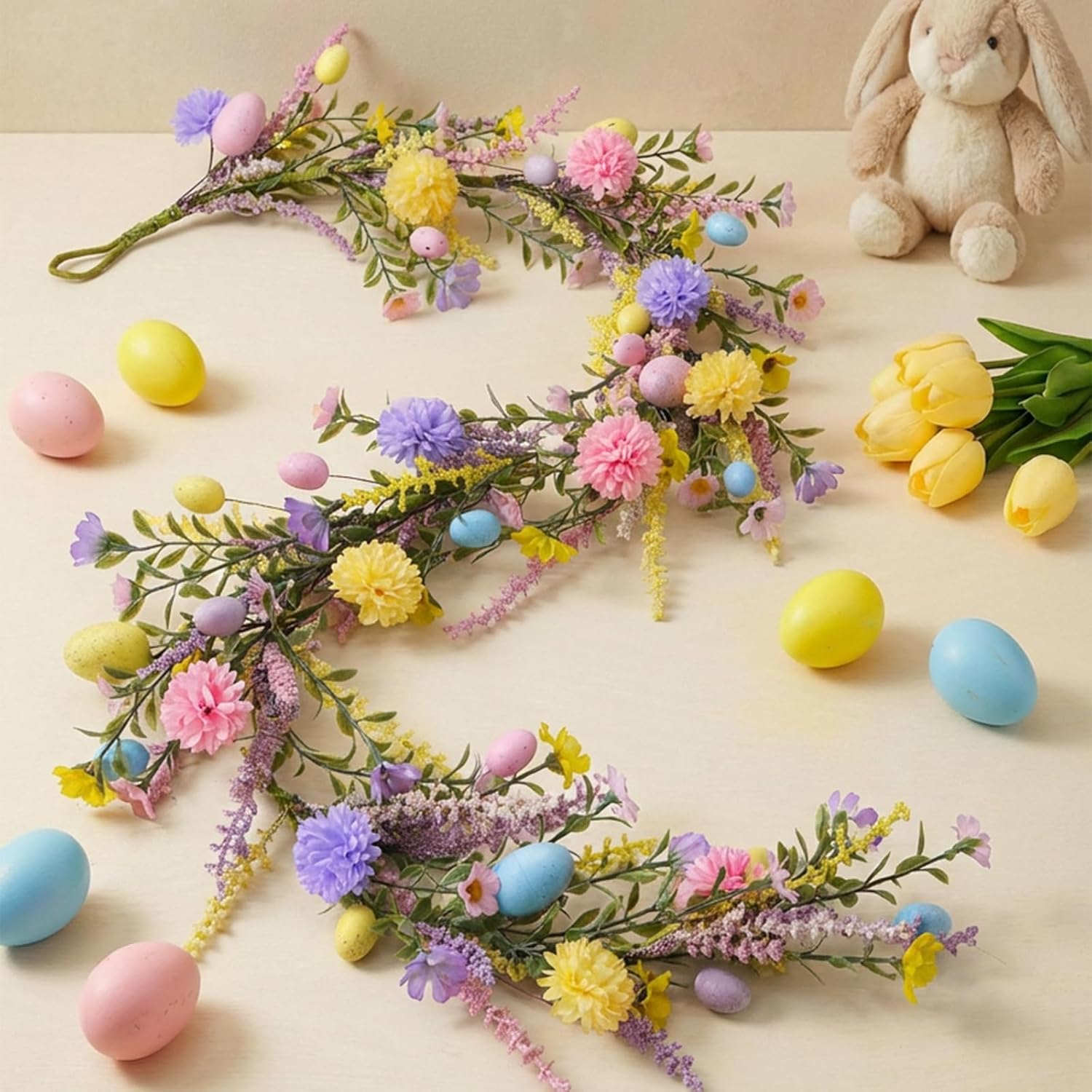Easter Garland Decorations 6FT Artificial Easter Egg Garland with Colorful Egg Yellow Daisy Purple Lavender for Front Door Mantel Porch Windows Party & Home Décor Holiday Decoration