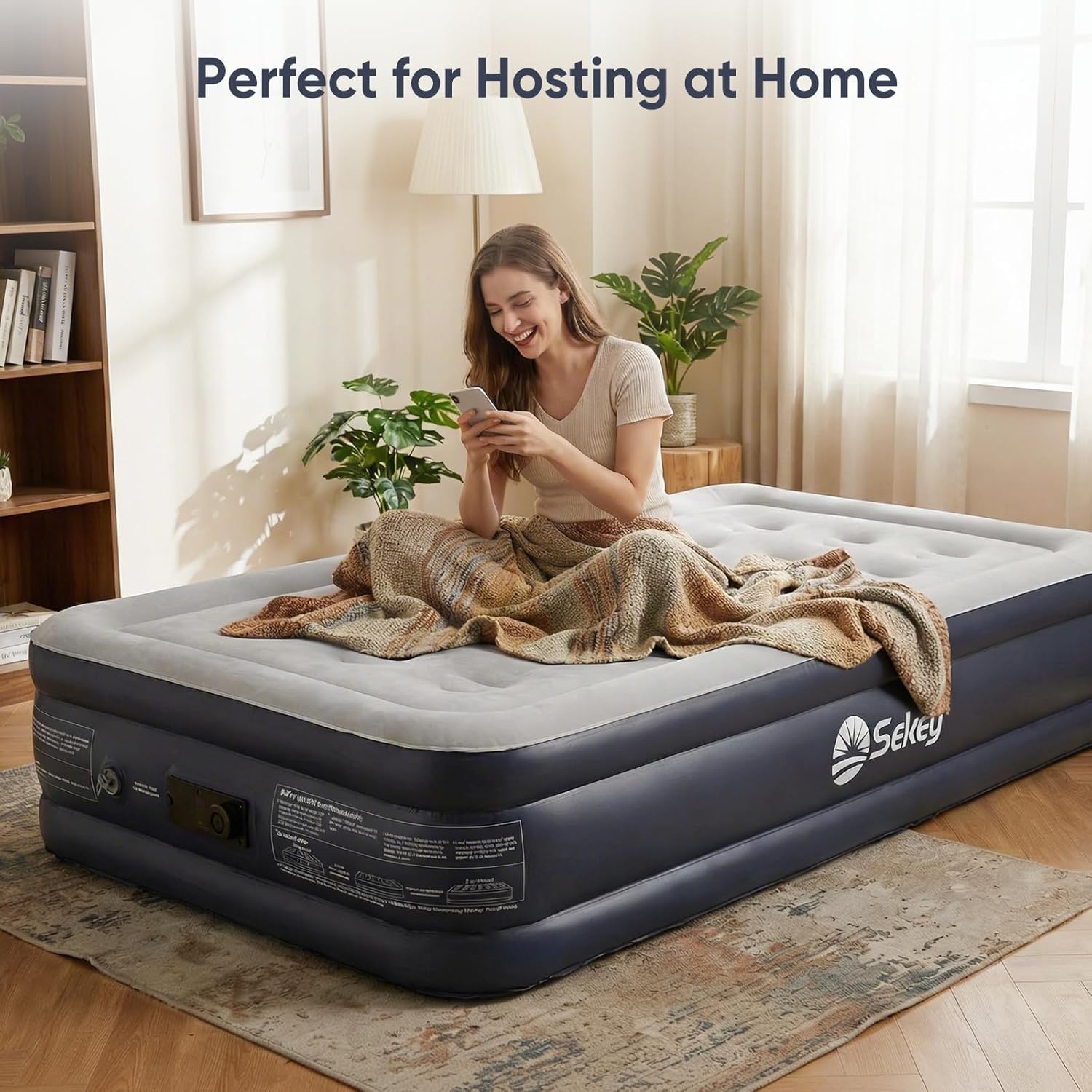 Sekey Twin Air Mattress with Built in Pump, 16" Raised Compact Blow up Mattress, Inflatable Mattress for Camping Guest Home, Portable Travel Air Bed, 3-Min Quick Inflation Deflation, Colchon inflable
