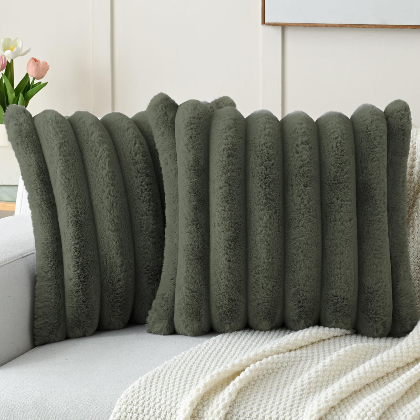 FUTEI Set of 2 Fluffy Faux Rabbit Fur Cushion Covers 45 x 45 cm,Olive Green — image 1