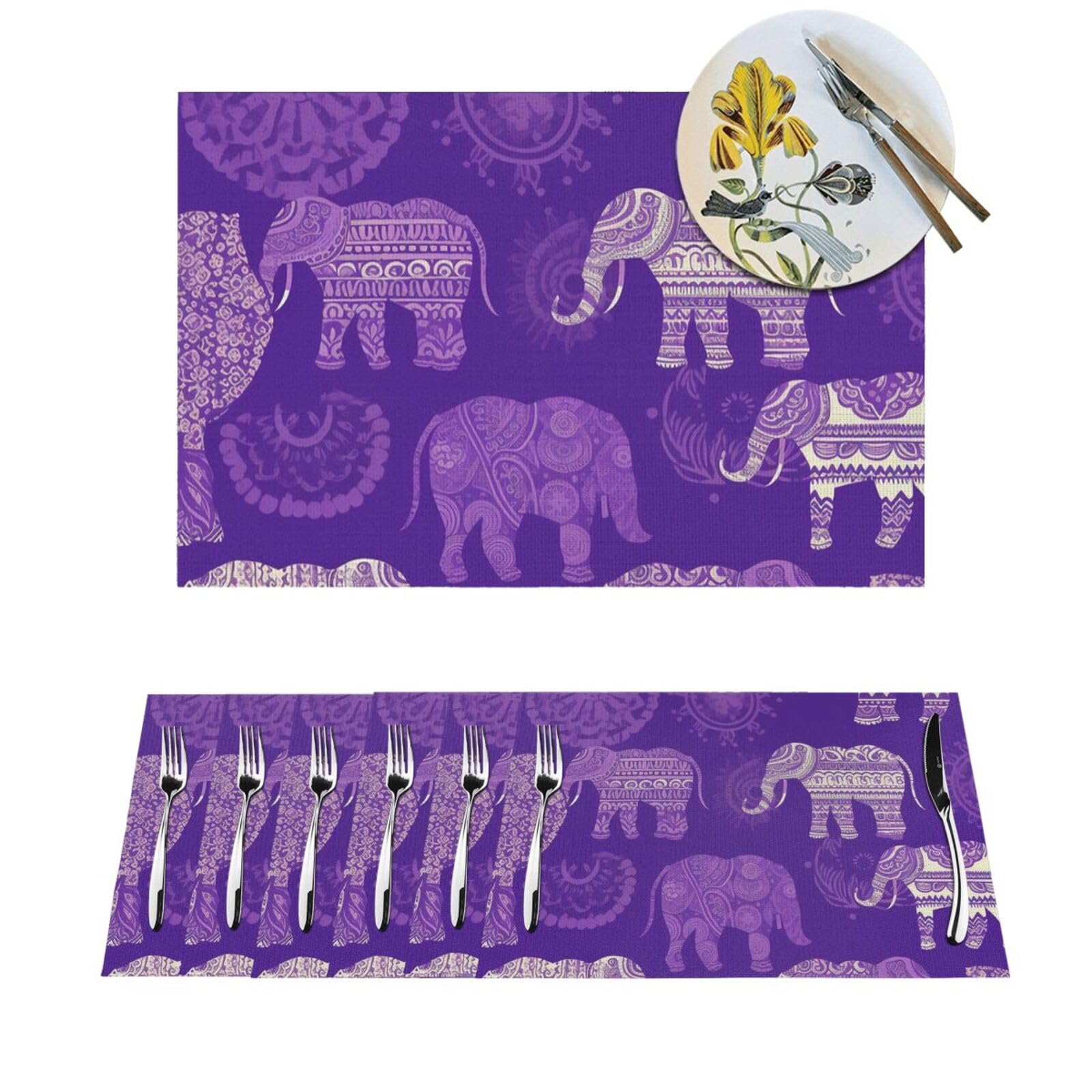 Set de table PVC tissé de haute qualité motif éléphant violet x4