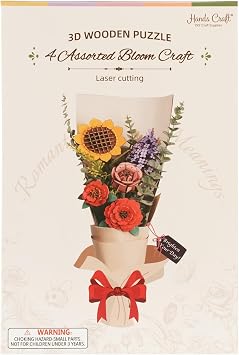 Hands Craft 3D Wooden Puzzle Craft Set Botanical Garden Collection, DIY Building Kit with 3D Flower Puzzles - Sunflower, Lilac, Rose, Camellia. Decorative Wooden Floral Art for Home Decor