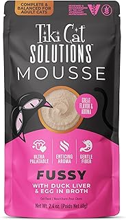 Tiki Cat Solutions Fussy Mousse, Duck Liver & Egg, Specially Formulated to Support Healthy Digestion, Functional Wet Cat for Adult Cats, 2.4 oz. Pouch (12 Count)