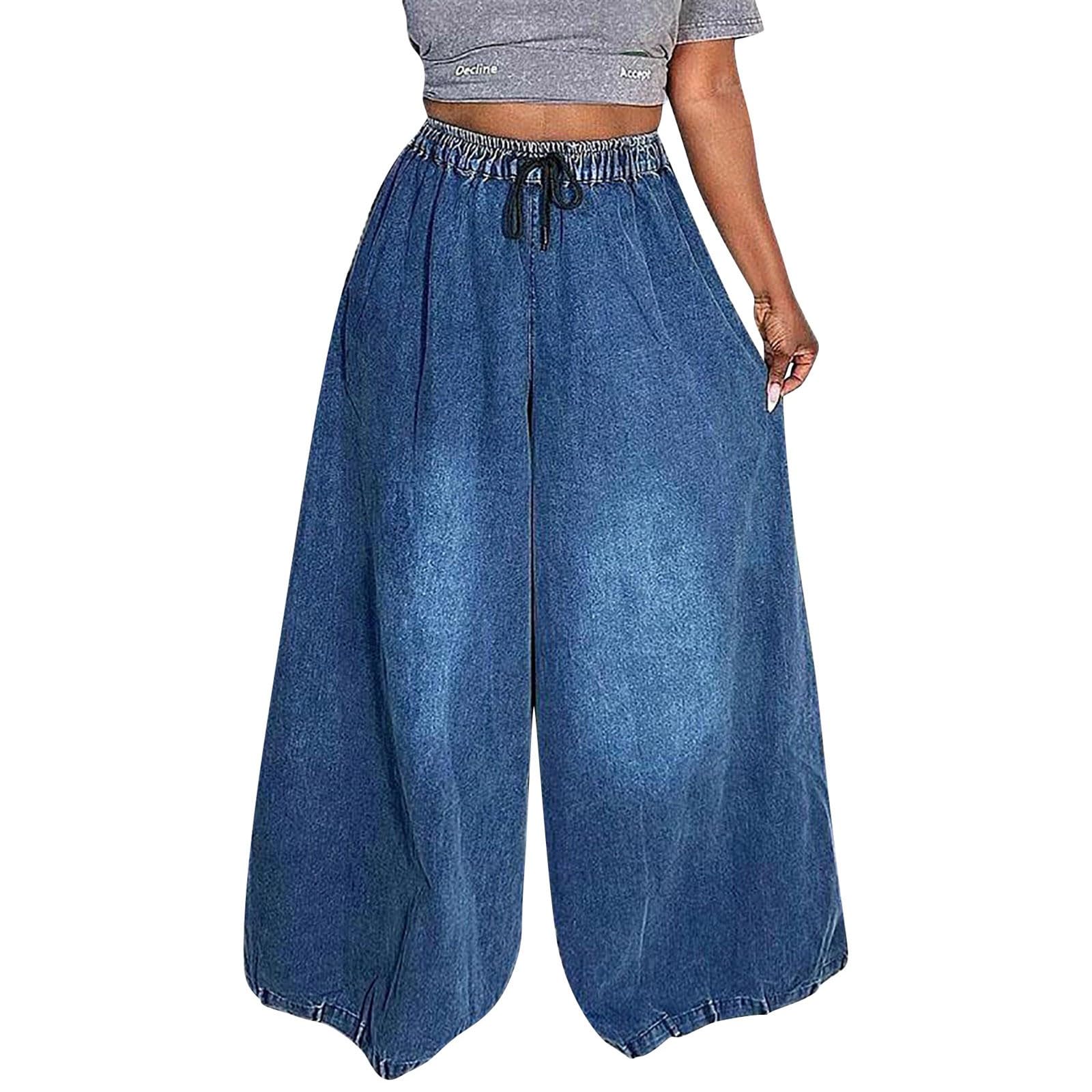 Damen Jeans Mit Gummizug Bund - Marlenehose Damen Elegant Große Größen | Elastische Mit Kordelzug Jeanshosen High Waist Stretch Denimhose Oversize Jeanshose Straight Palazzohose Streetwear