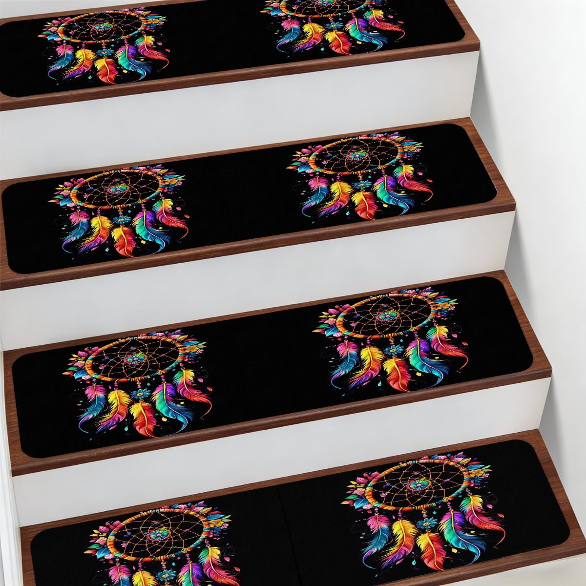 Alfombra para peldaños de escalera Mexpekil 7.8x30" antideslizante boho estilo atrapasueños colorido