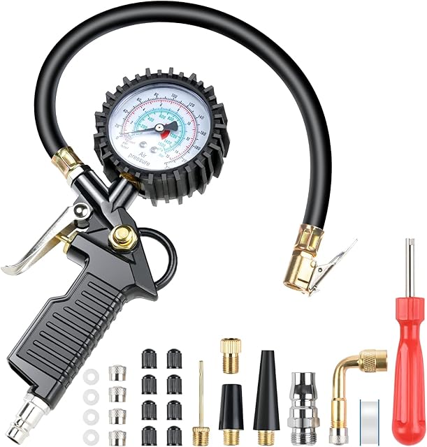 VSSHE Tyre Pressure Gauge, 220 PSI Tyre Inflator, With Rubber Hose, Valve Core Tool, Compressor Accessories, Adapter, Suitable for Compressor Car Motorcycle Bicycle Truck