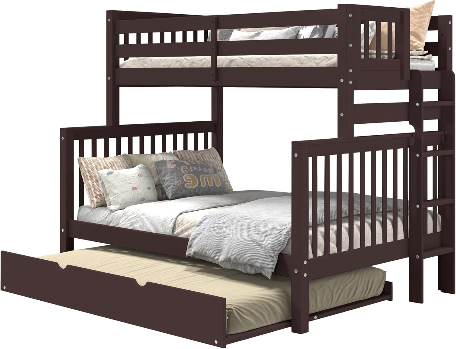 Bedz King Bunk Beds Twin Over Full Mission Style, End Ladder, Full Trundle, Dark Cherry