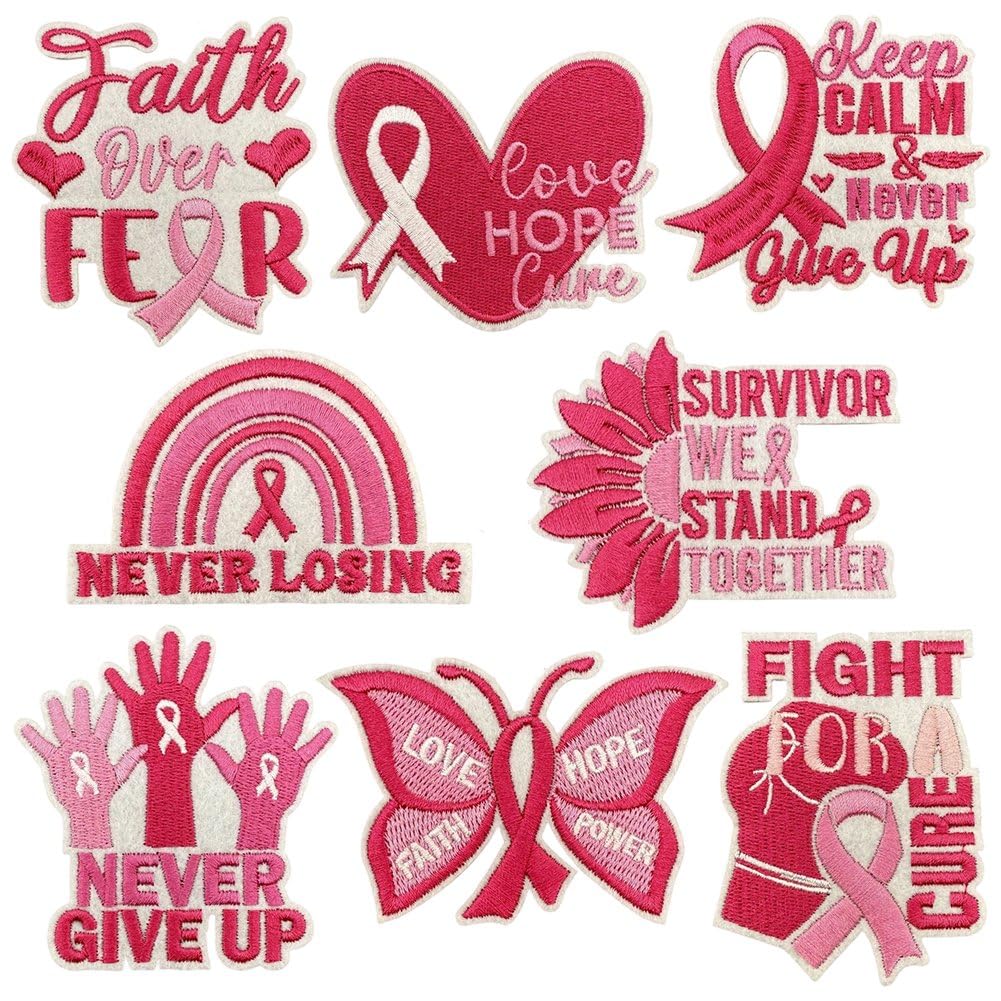 Sslvya 8 Pcs Breast Cancer Awareness Iron on Patches, Pink Ribbon Embroidered Appliques Sew on Patches for Hats Clothes