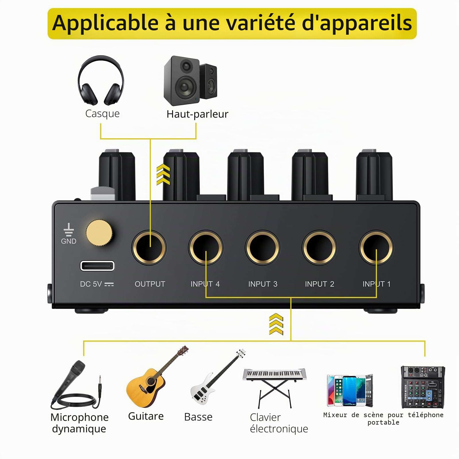 PROZOR Mélangeur Audio 4 Canaux 6.35mm Contrôle Volume Indépendant + Switch Mono/Stéréo USB-C Interrupteur Marche/Arrêt Boîtier Métallique Ultra-Faible Bruit Pour Home Studio Guitare Clavier Micro