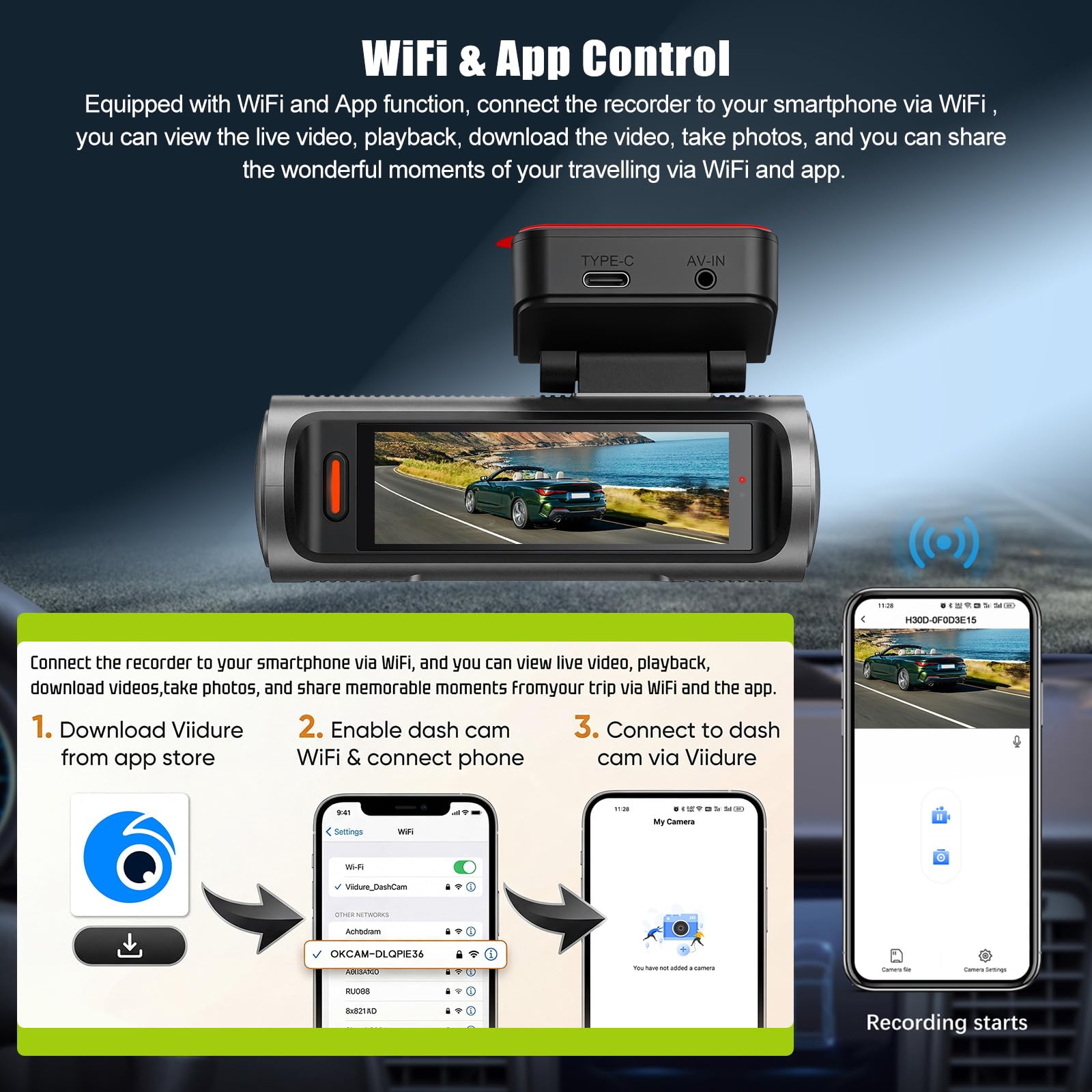 OiLiehu Cámara para Salpicadero 3,19 Pulgadas para Coches, Grabación Frontal e Trasero UHD 4K+4K, Lente Dual con G-Sensor/Control App/Grabación en Bucle/Visión Nocturna/Asistencia de Marcha Atrás