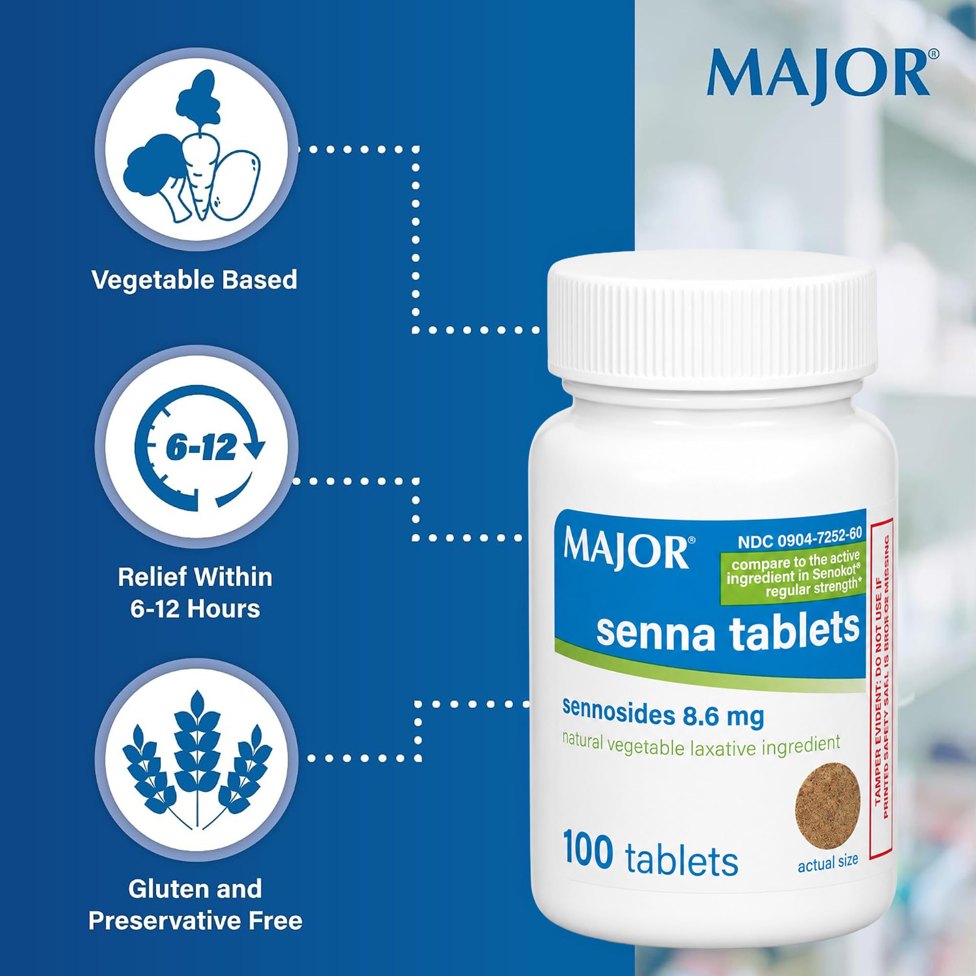 MAJOR Senna 8.6 mg Natural Vegetable Laxative Tablets - Made with Sennosides - Promotes Occasional Constipation Relief - 100 Tablets — Amazon image 4