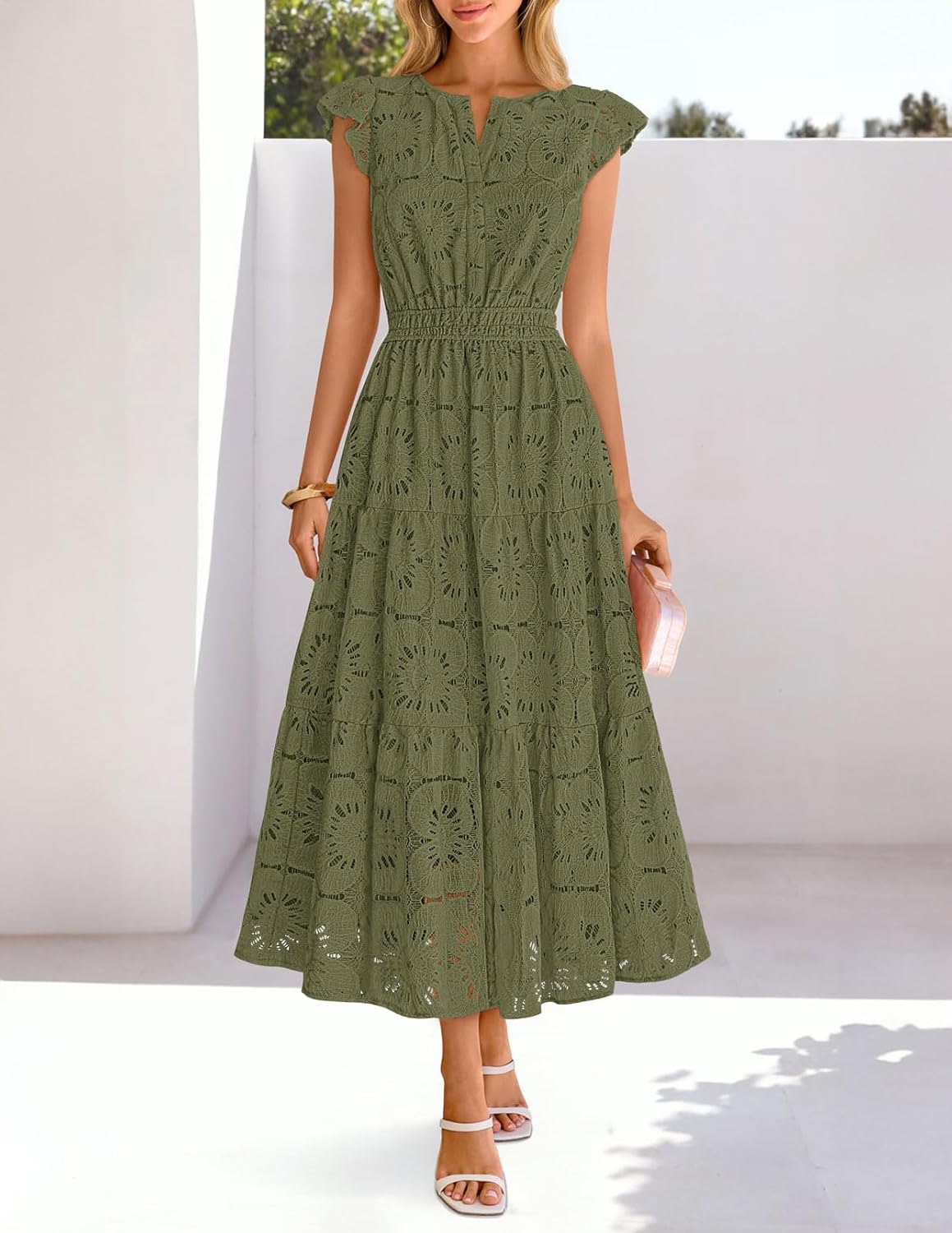 MEROKEETY Women's Summer Lace Eyelet Maxi Dress 2026 Spring Casual Boho Flutter Sleeve Tiered Flowy Beach Vacation Dresses - Image 8