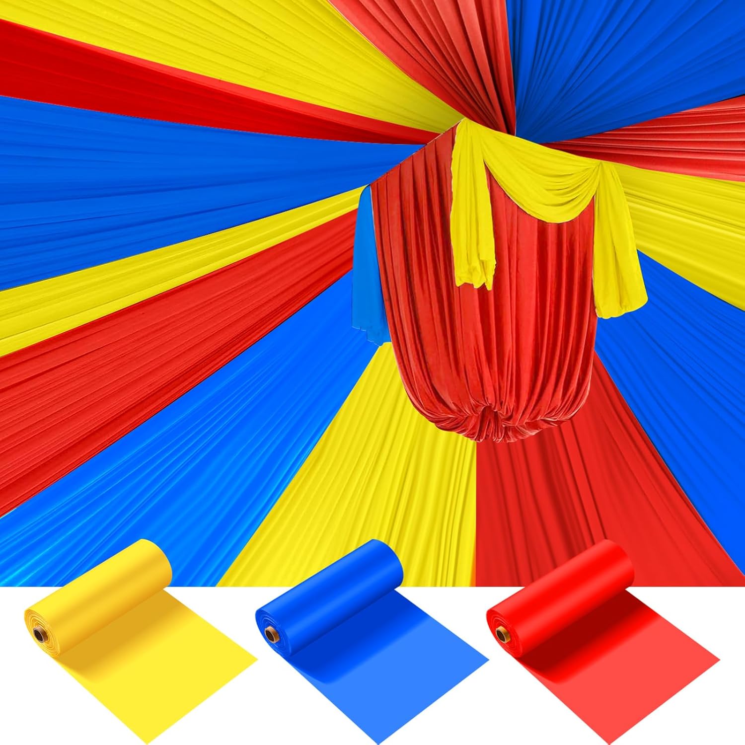 Blulu 3 Rolls 100' x 40'' Plastic Tablecloths Carnival Theme Party Decorations DIY Circus Tent Halloween Carnival Supplies for Circus Clown Party Ceiling Backdrop Curtains Decor(Blue Yellow Red)