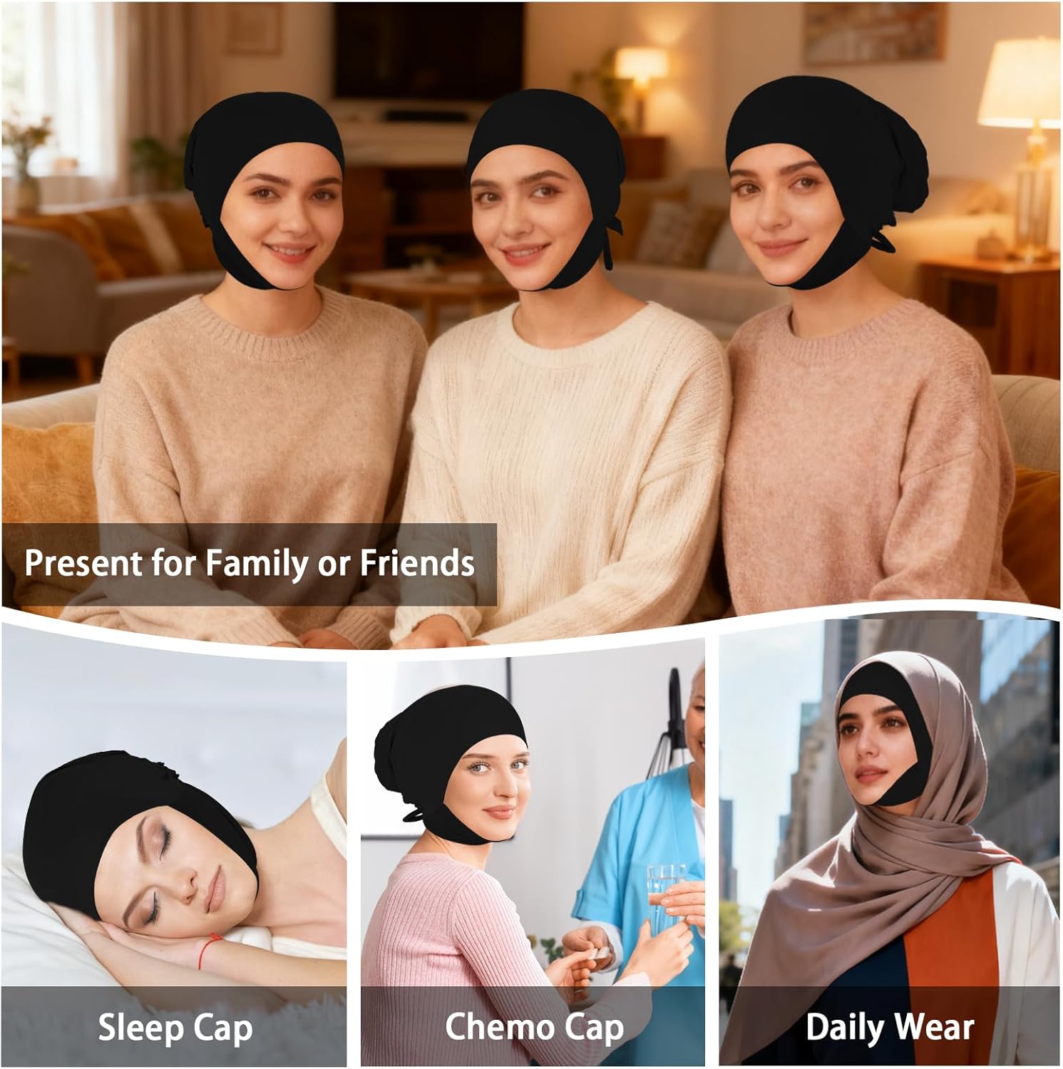 XEPST 3 PCS Hijab Undercap for Women, Islamic Muslim Full Cover Under Hijabcap Milk Silk Fabric Hijab Underscarf Solid Color Adjustable Tie Back Inner Head Scarf Turbans for Women Chemo Cap, D - Image 6