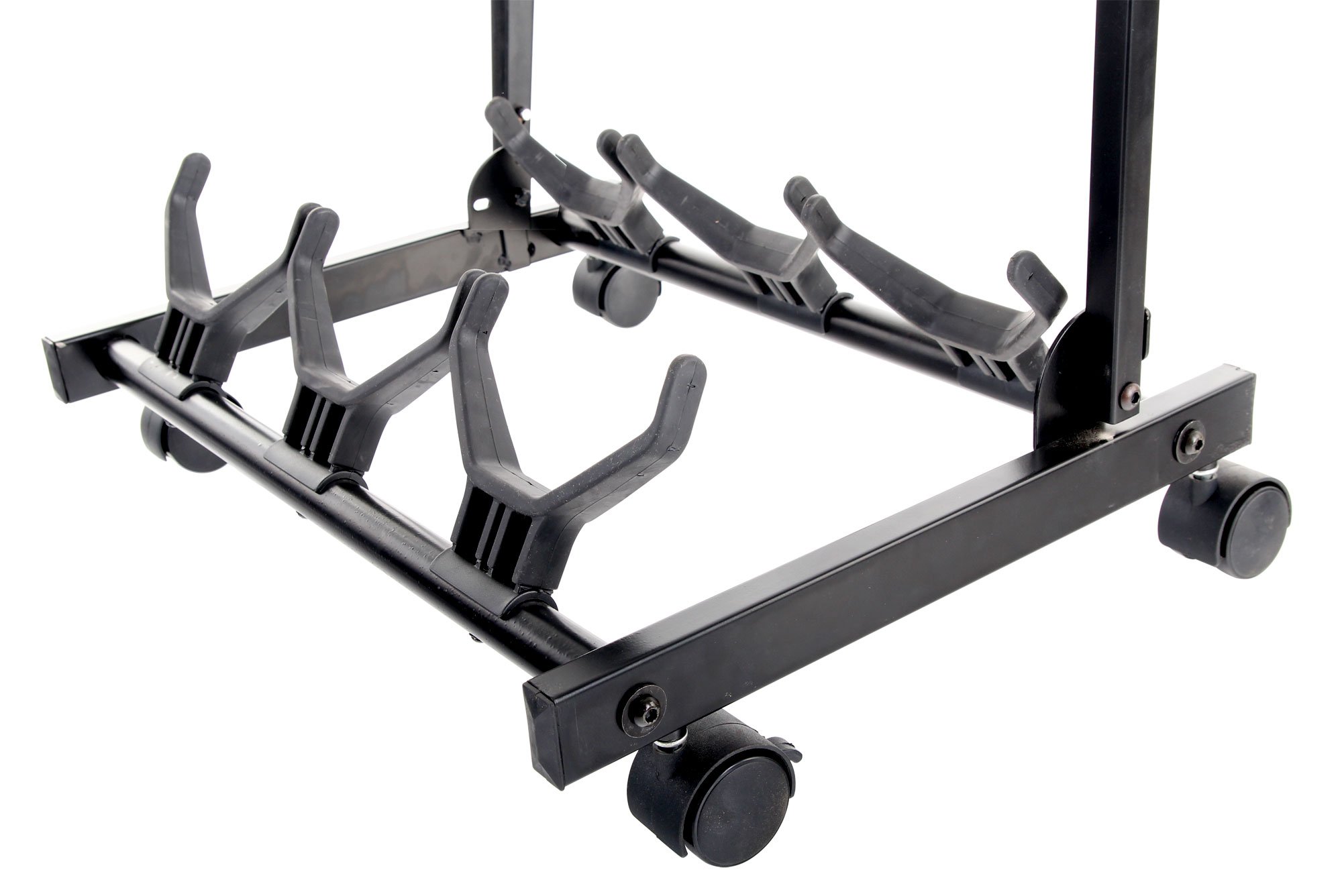 ROCKTILE Multistand Supporto per 3 chitarre: classica, acustica, elettrica, basso. Cavalletto pieghevole con ruote, supporto multiplo per strumenti a corde.