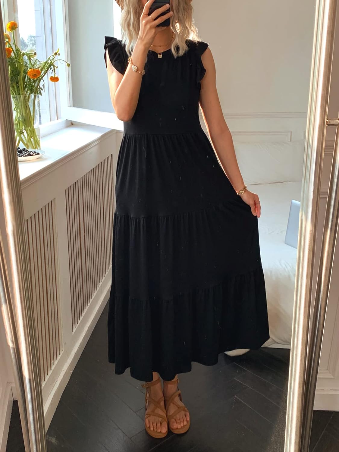 Women's Summer Sleeveless Maxi Dress Ruffle Sleeve Crewneck Tiered Flowy Pleated Casual A Line Sundress with Pockets - Image 2
