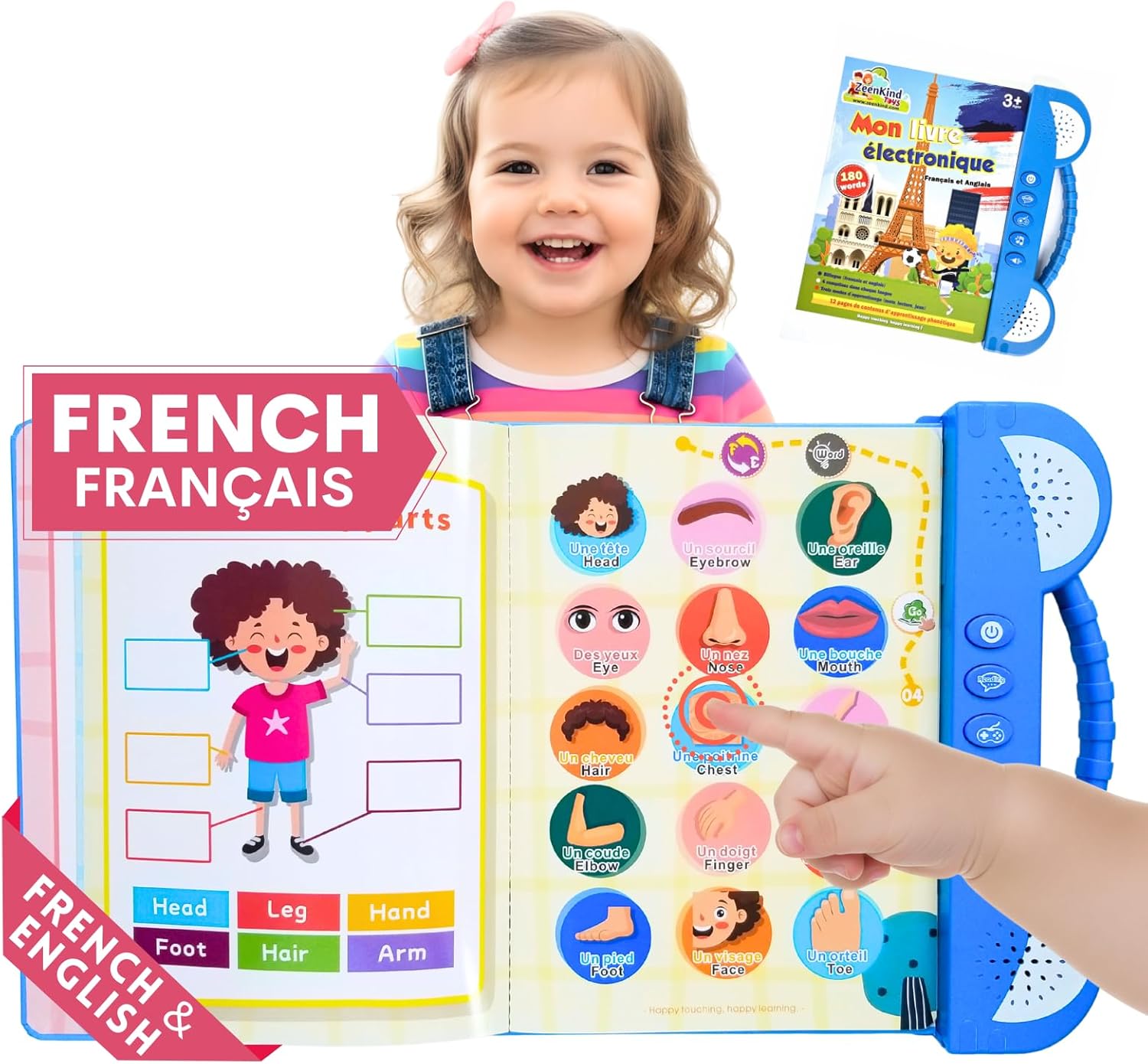 ZeenKind French English Talking Learning Book for Kids 2 3 4 5 6 Years Old, Learn French Interactive Audio Sound Books for Toddlers, Francais Educational Electronic Toys, Bilingual Musical Toy