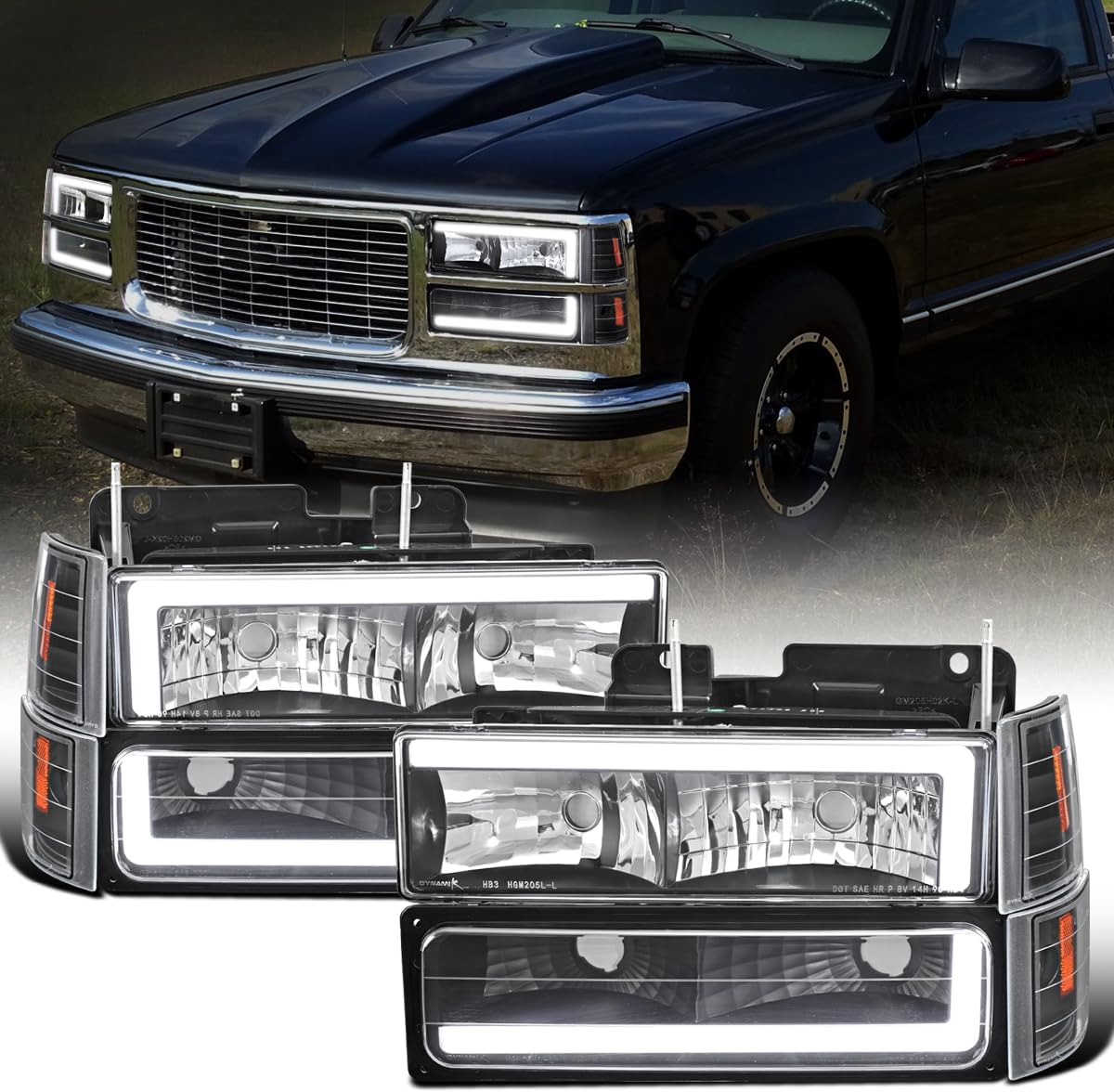 Ronnin - Fits 1994-1999 GMC C10 C/K Suburban Sierra Yukon LED Tube Headlights + Corner Bumper Parking Lights Assembly Pair | Black