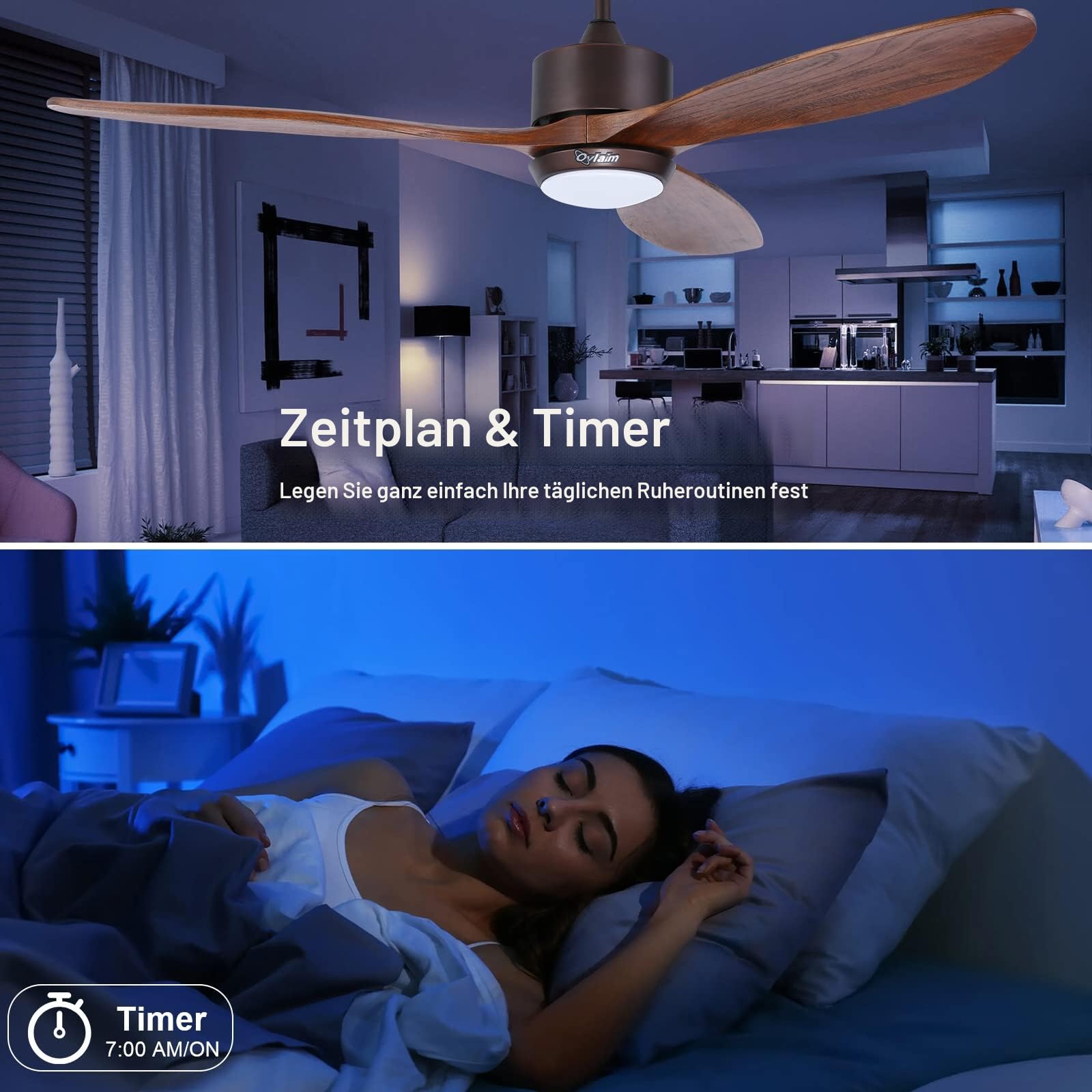 Ovlaim 132cm Walnuss Holz Deckenventilatoren mit Beleuchtung Fernbedienung | 3-Blatt-Propeller Smart Deckenventilator für Indoor Outdoor, hoher Luftstrom leiser DC-Motor