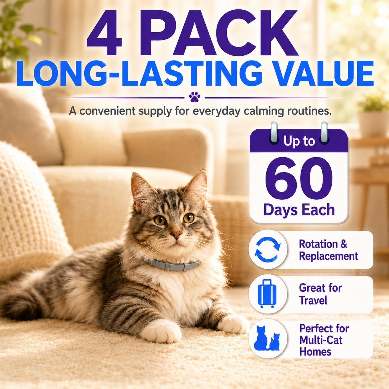 4 Pack Calming Collars for Cats, Adjustable 15 in Cat Pheromone Collar for Stress Relief, Waterproof Soft TPR, Support for Travel, Vet Visits, Loud Noises and Moving, Work for up to 60 Days, Gray