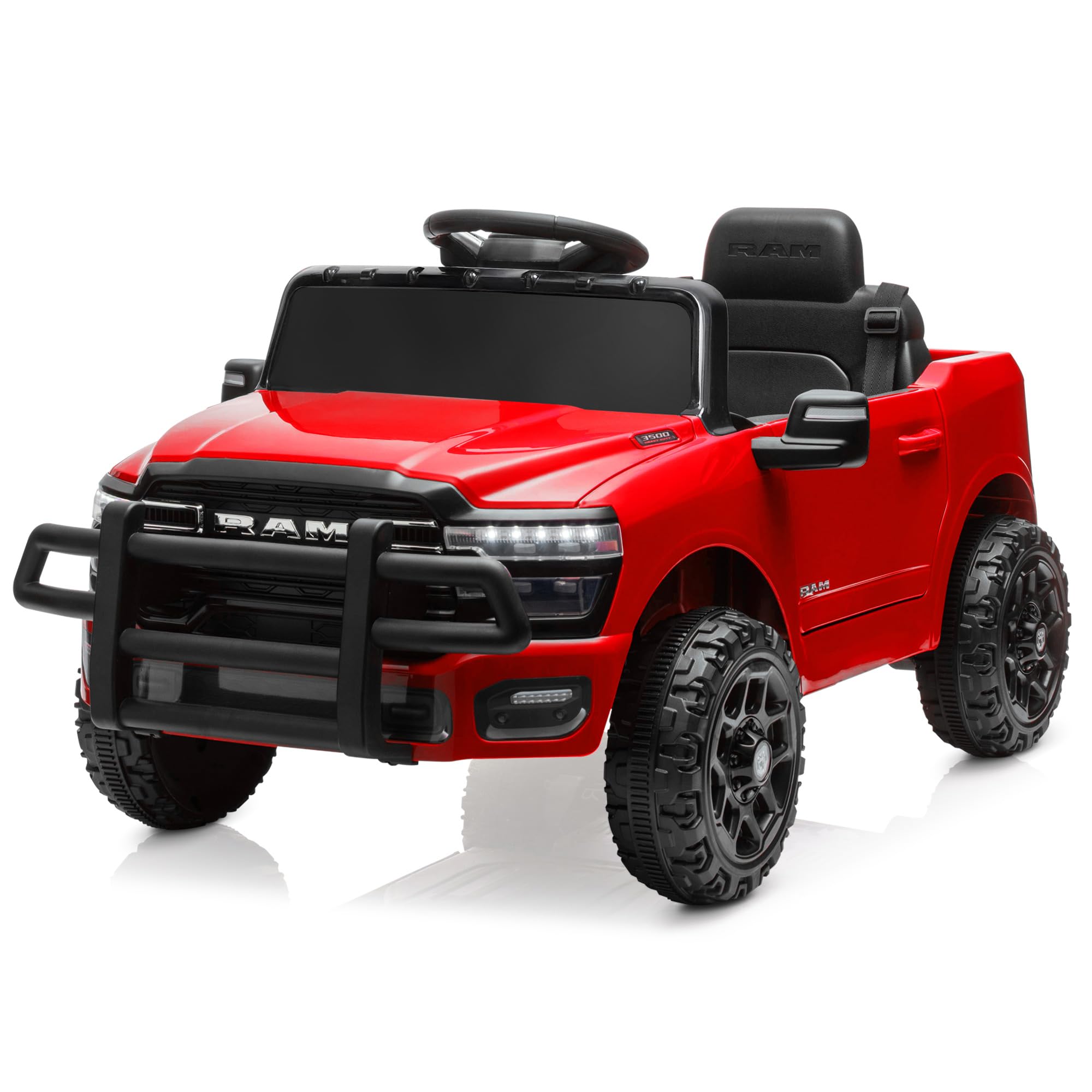 Kidzone 12V Licensed RAM 3500 Ride-On Truck for Kids, Battery Powered Electric Car w/Parent Remote Control & Manual Drive, Bluetooth, LED Lights - Red