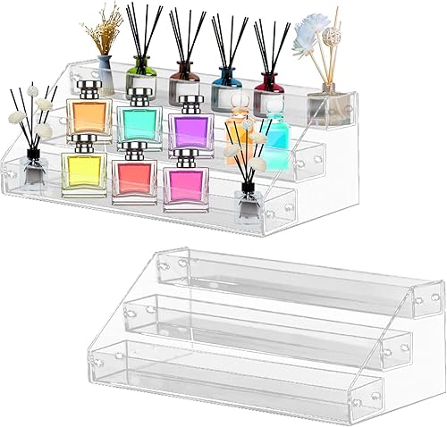 2 organizadores de perfumes, soporte de perfume de 3 niveles, soporte de acrílico transparente para decoración y organizador, estante de exhibición