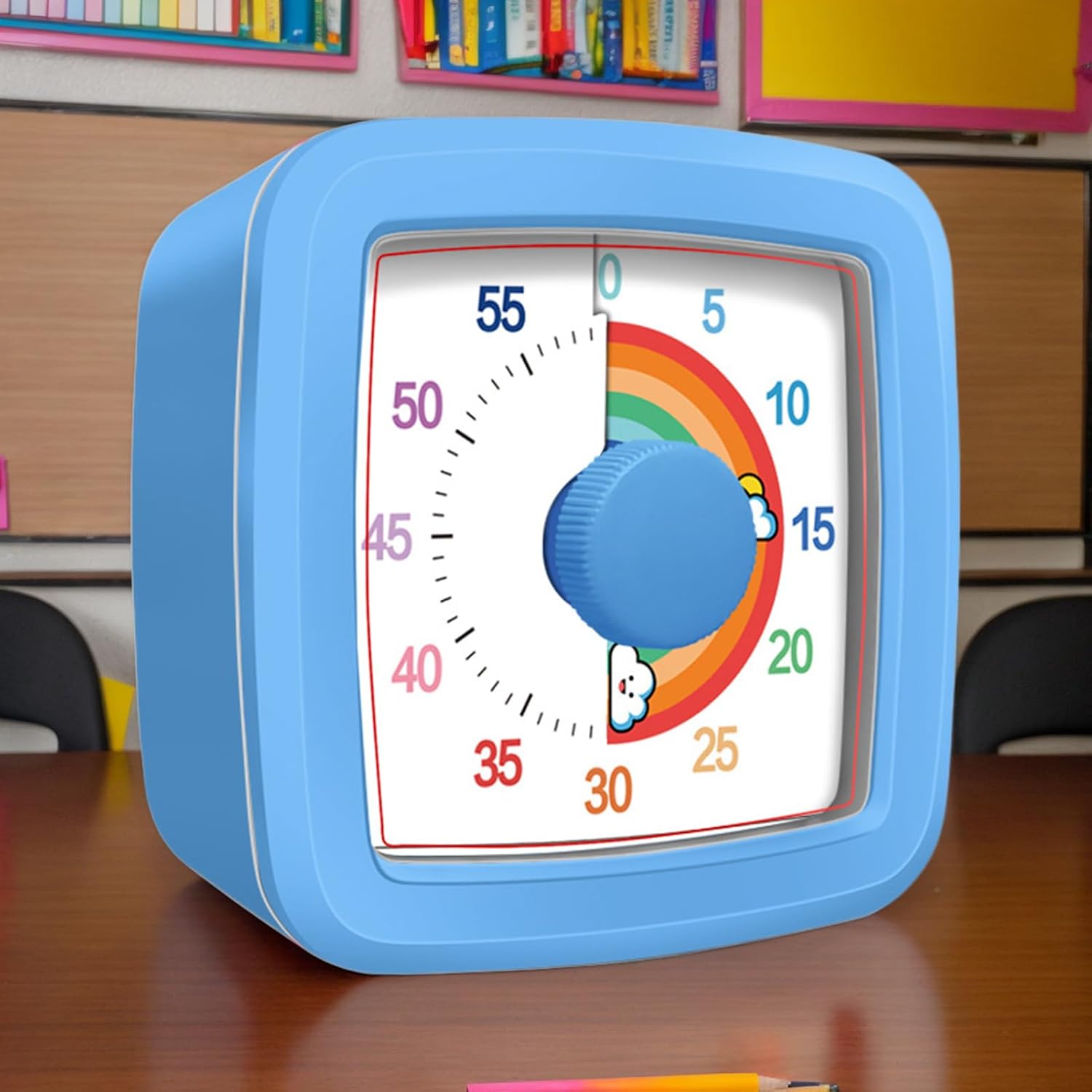 Přední view of the blue visual timer with the red disk showing 45 minutes remaining, in a classroom setting.