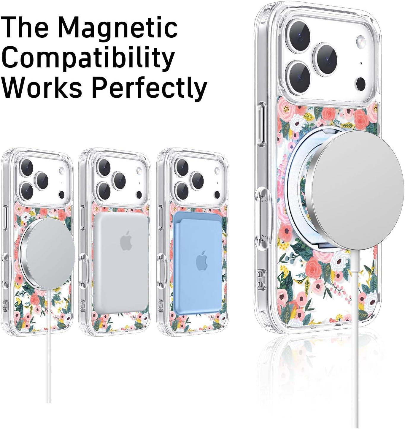 for iPhone 17 Pro Case with MagSafe Stand Ring for Women, Cute Clear Floral Design with 360° Kickstand Holder Magnetic Shock Proof Heavy-Duty Protection Pink Flower - Image 6