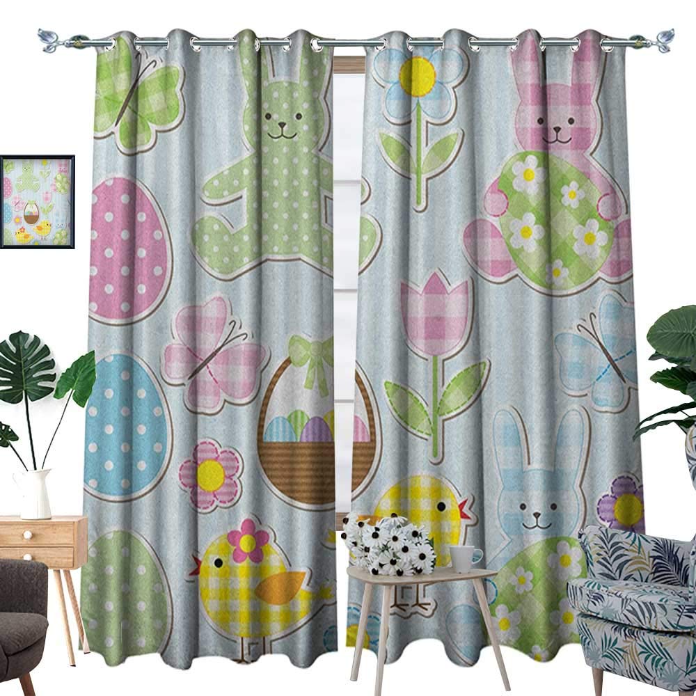 Warm Family Easter Window Curtain Fabric Nursery Theme Bunnies and Chicks with Giant Eggs Pastel Colored Holiday Illustration Drapes for Living Room W108 x L96 Multicolor