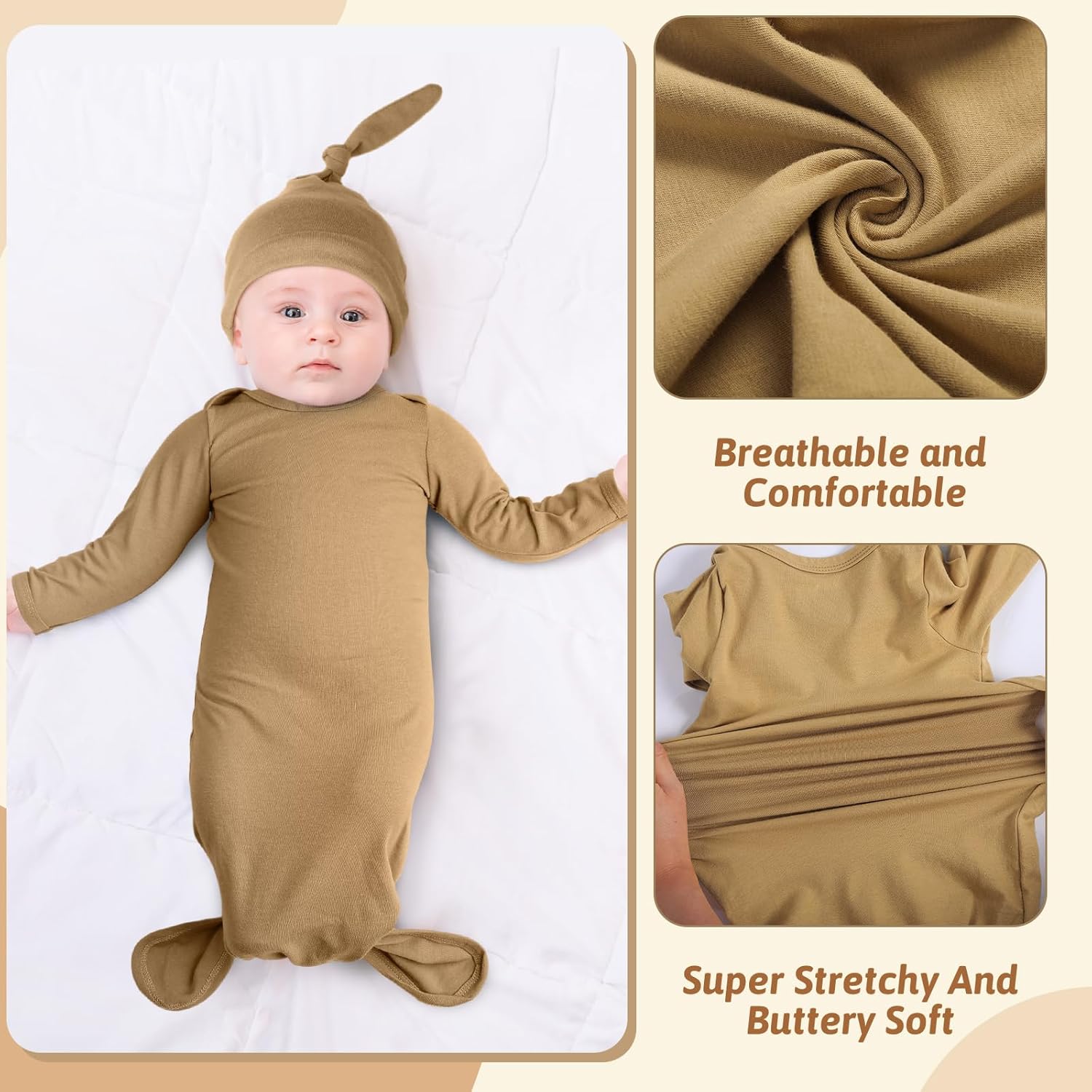 Cuffbow 6 Packs Newborn Baby Knotted Gowns Set 0-6 Months Cotton Sleeper Long Sleeve Nightgown and Hat Set for Infant Baby - Image 5