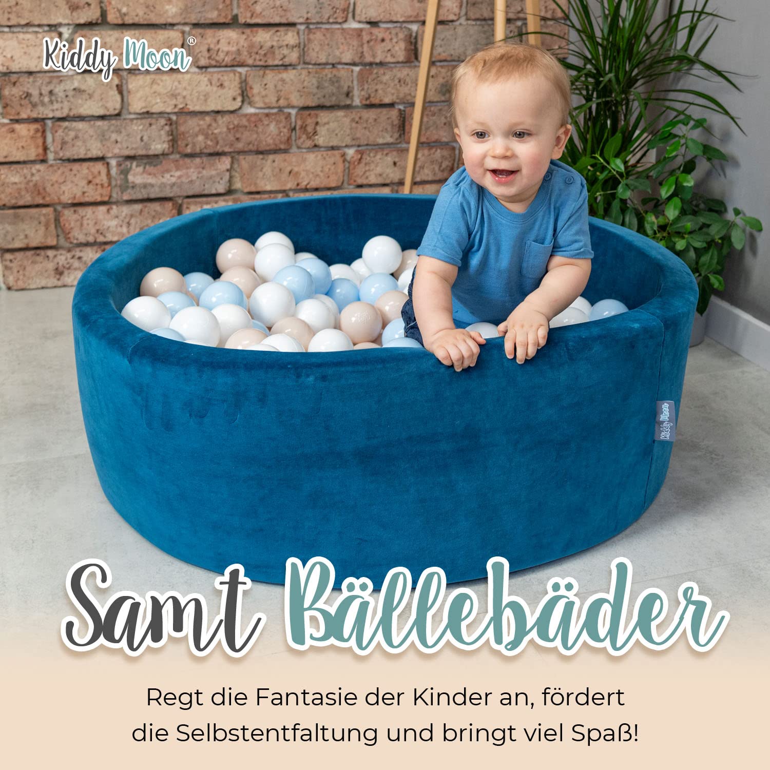 KiddyMoon Velours Bällebad Rund für Babys 90x30 mit 200 Bälle 7cm Ballgruben Sensorik Spielzeug Waldgrün - Dunkeltürkis Grau Weiß Minze
