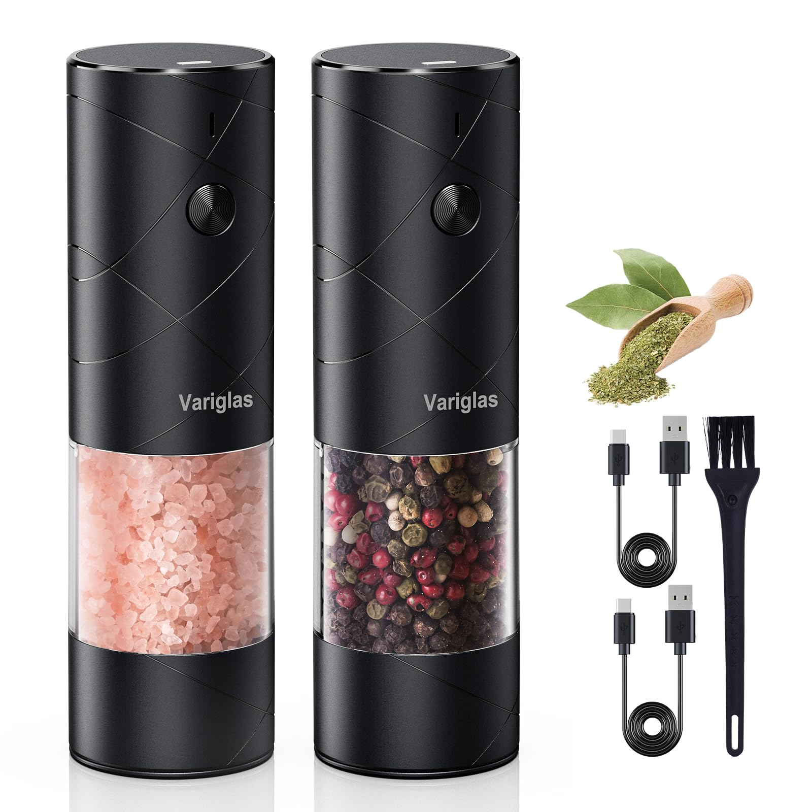 Variglas Salz und Pfeffermühlen Elektrische 2er Set mit USB Wiederaufladbarer,Verbesserte große Kapazität Gewürzmühle elektrisch,Einstellbare Grobheit,LED-Licht(01B)